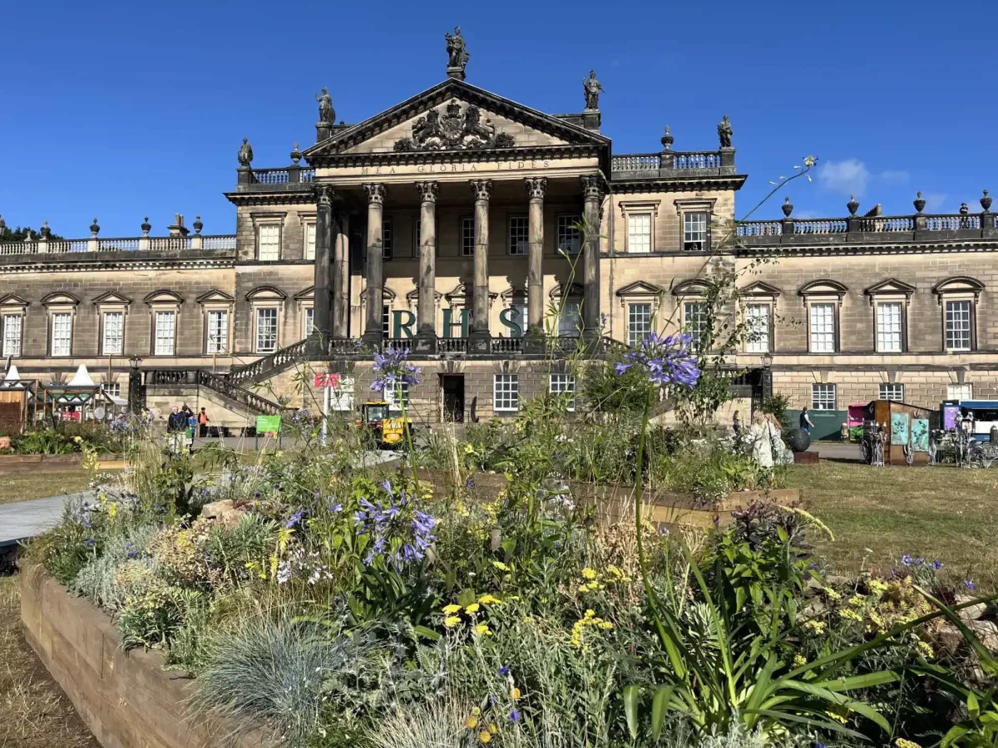 A long timber raised border showcases naturalistic planting with tall blue agapanthus, various yellow and purple flowers, and silvery-green foliage.