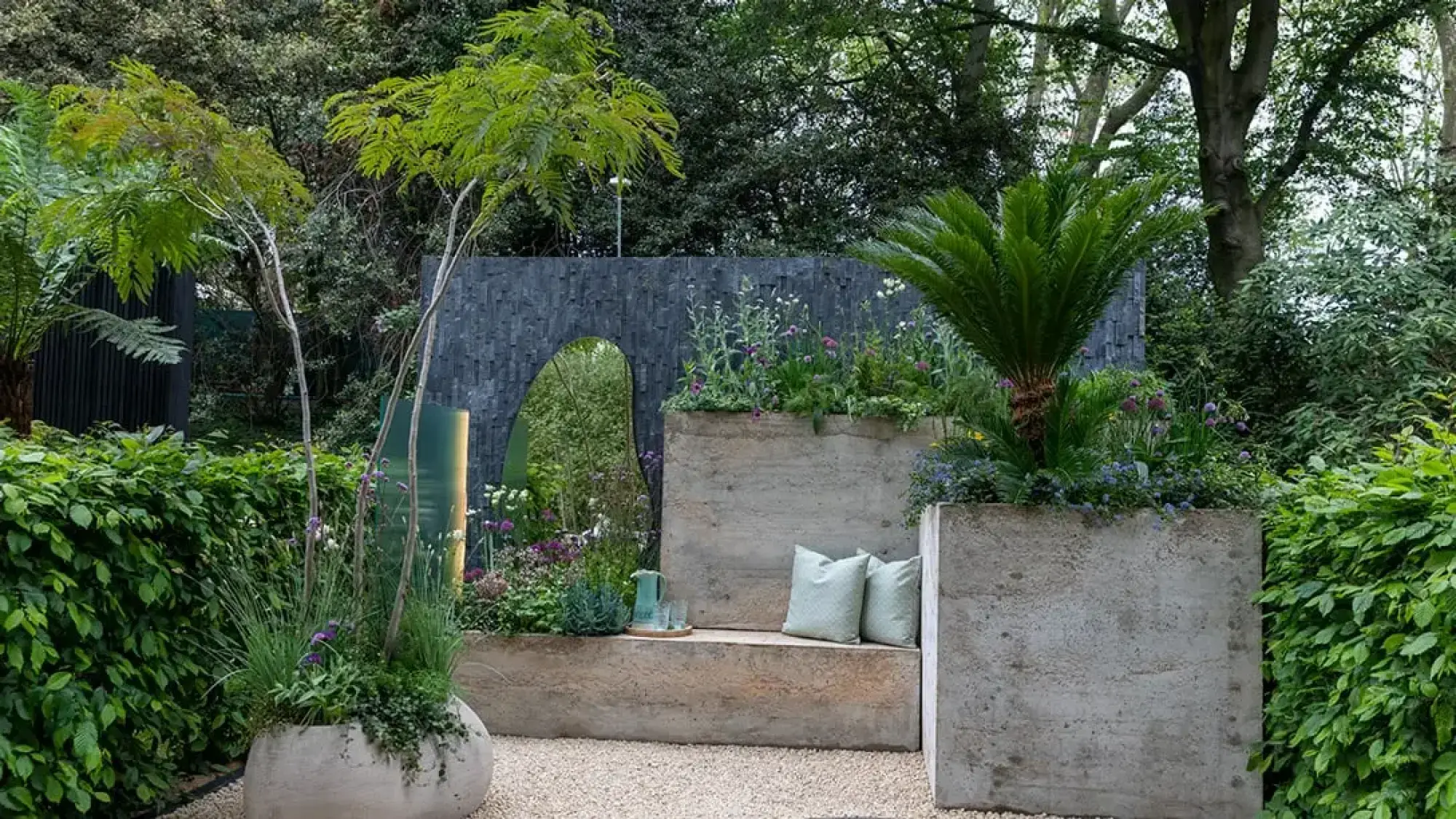 A contemporary container garden featuring a black slate wall with an arched mirror, concrete planters, an integrated bench, a Sago palm, and lush mixed planting.