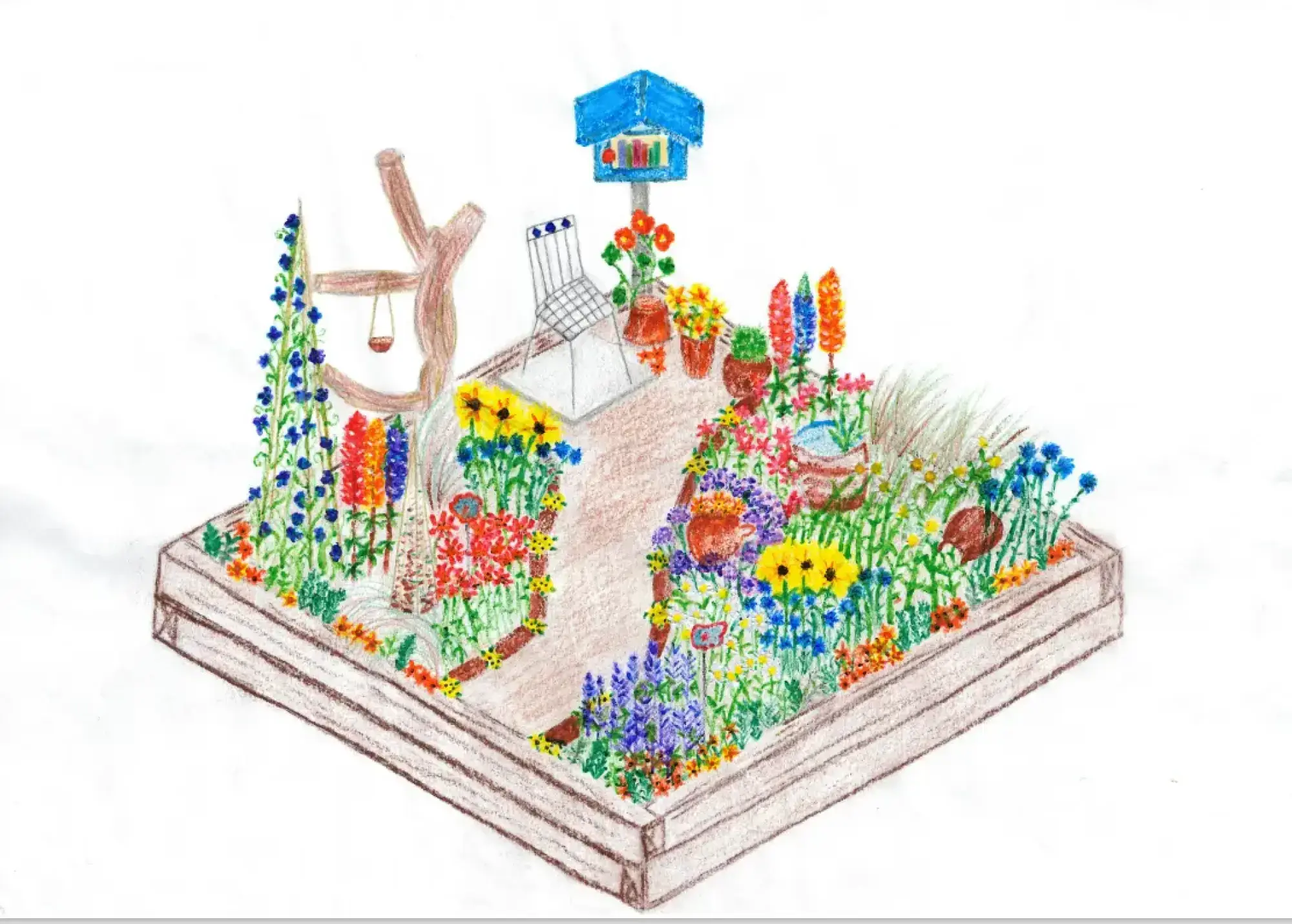 A raised border garden features a blue little library, white chair, and wooden swing, surrounded by colourful mixed flowers.