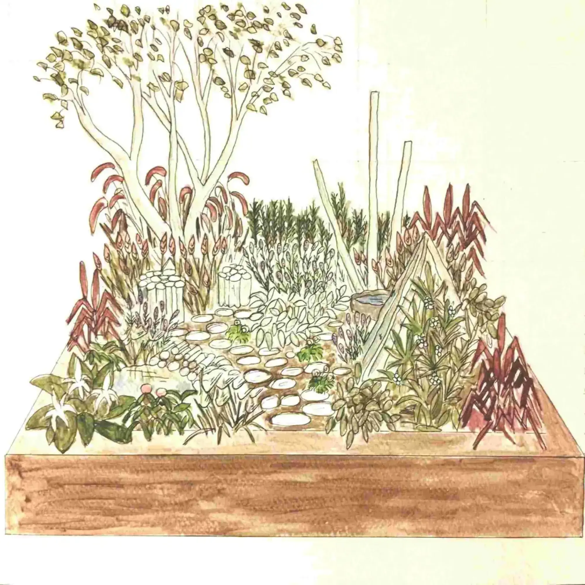 A beautiful border garden features a meandering stepping stone path, a tall tree with light green leaves, spiky red foliage, white log-like structures, and a small water bowl.