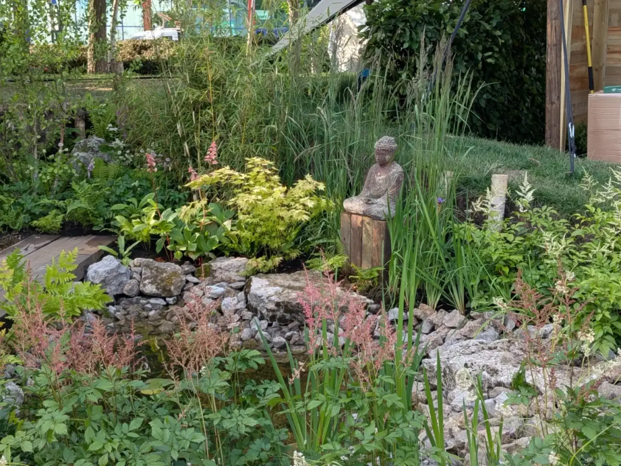 A tranquil meditation garden with a Buddha statue, lush green plants, pink astilbe, ferns, a rocky water feature, and a wooden bridge.