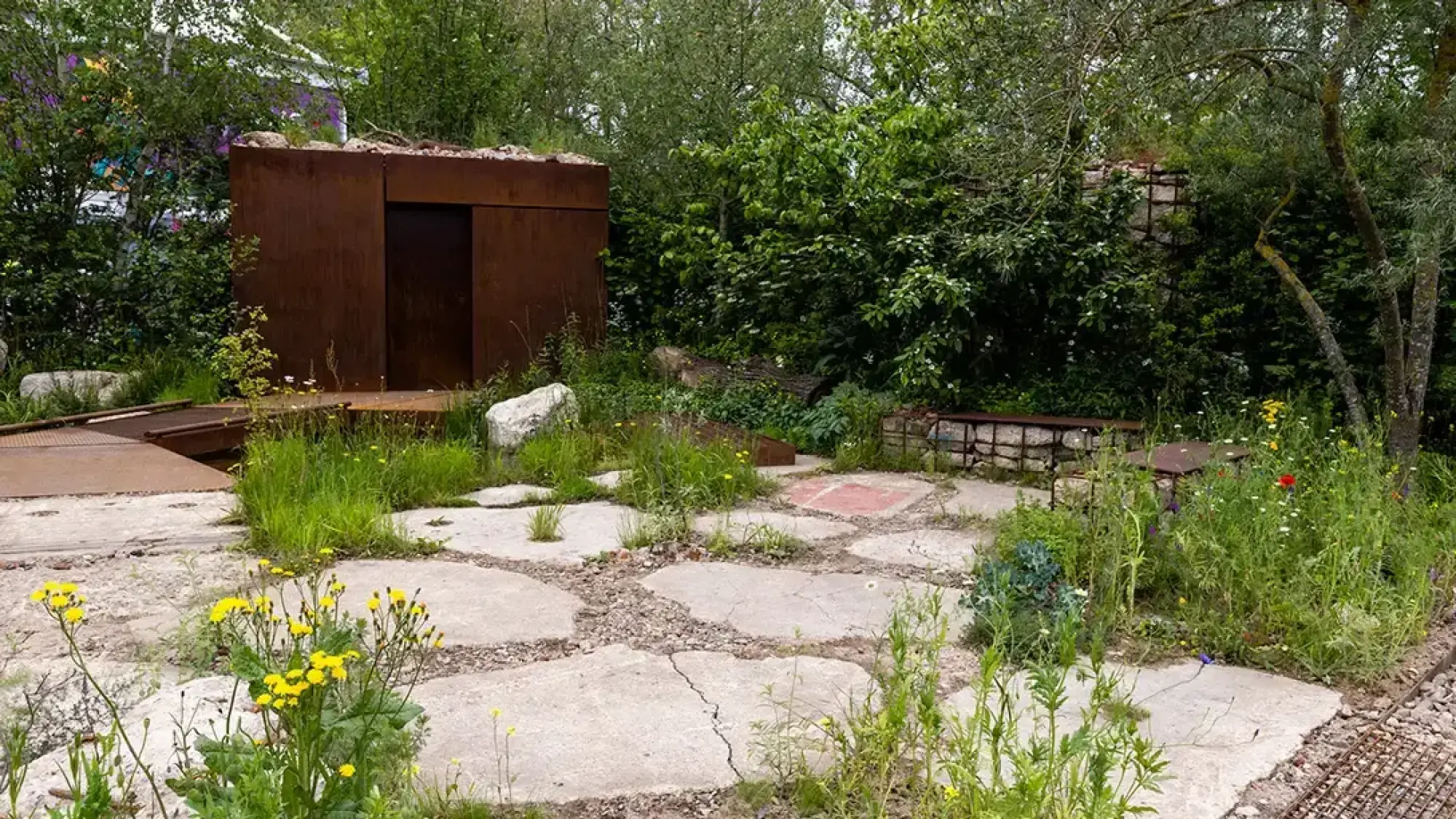 A naturalistic garden features a rusty Corten steel hut and ramp, irregular concrete stepping stones, a gabion bench, and abundant wildflowers with tall grasses.