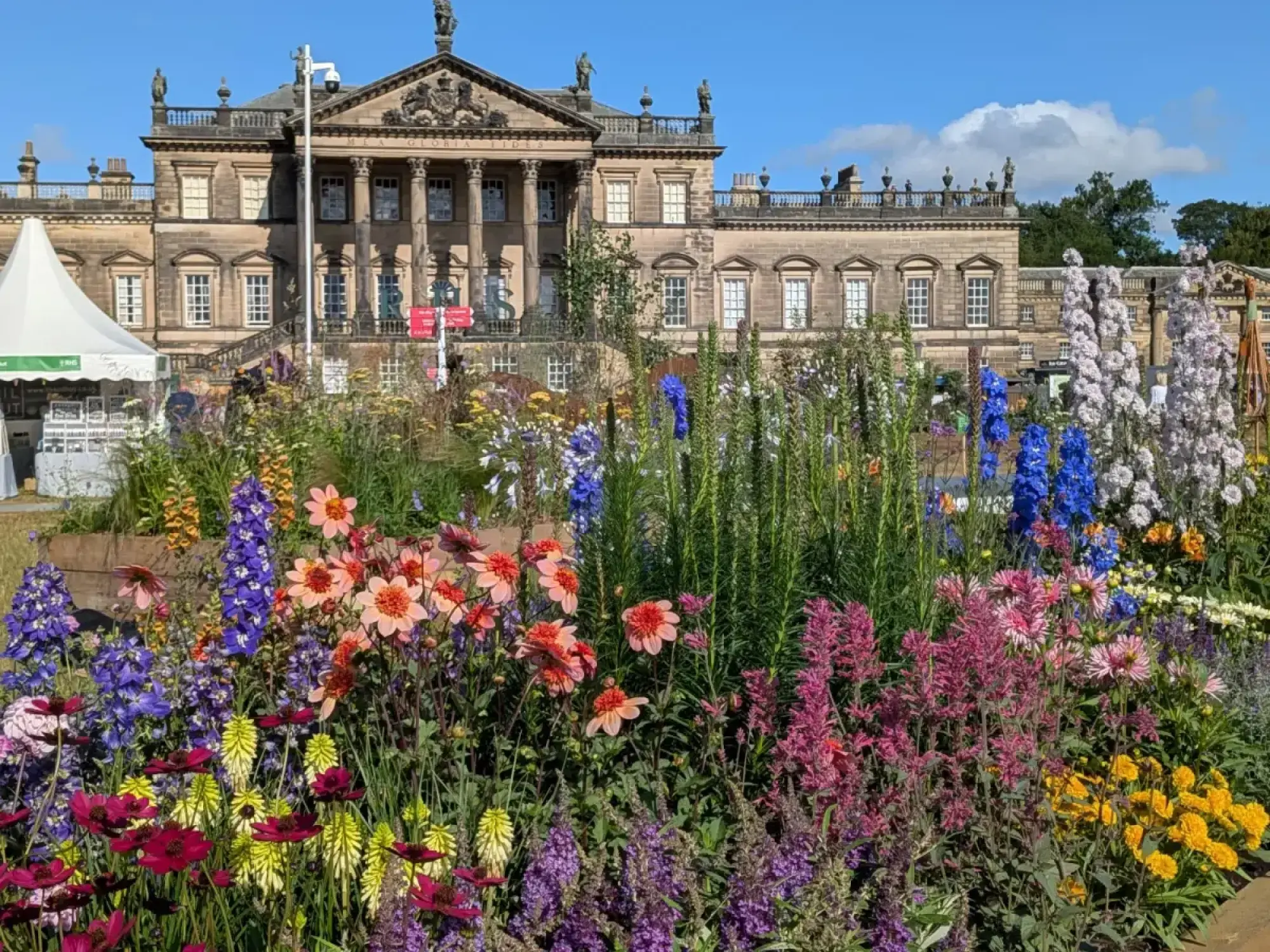 A long garden border brimming with a vibrant mix of blue, purple, pink, orange, yellow, and red flowers like delphiniums, dahlias, and cosmos.
