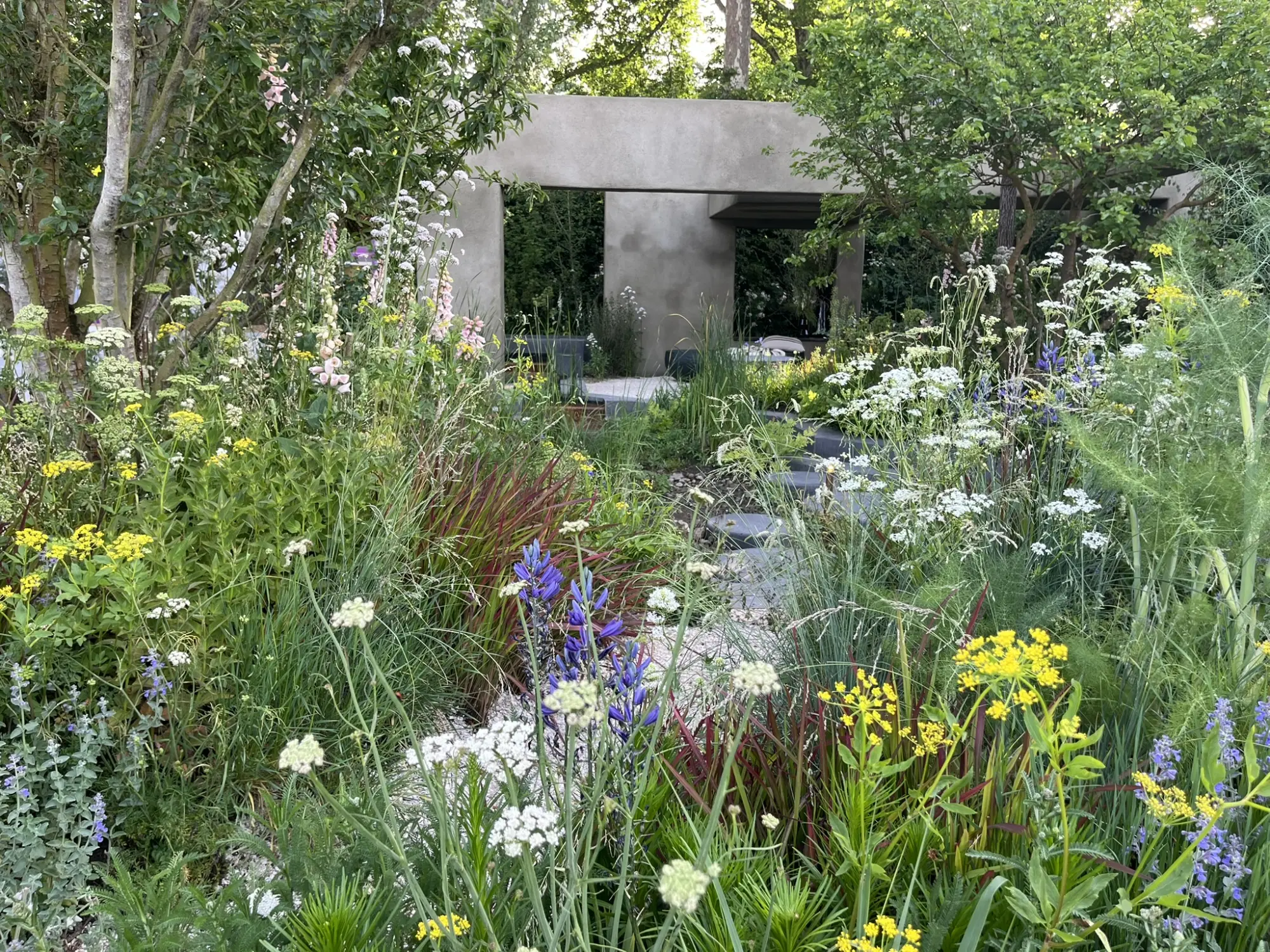 A naturalistic show garden with a concrete archway framed by abundant tall white, yellow, blue, and pink wildflowers and grasses, with a winding path.