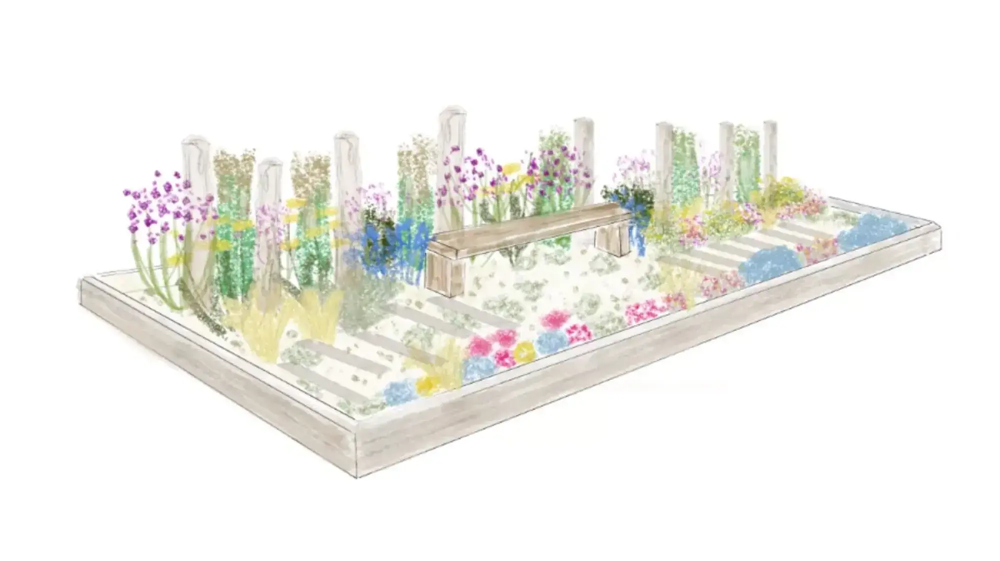 A rectangular border garden with tall white posts, a wooden bench, stepping stones, and informal planting of purple, blue, pink, and yellow flowers.