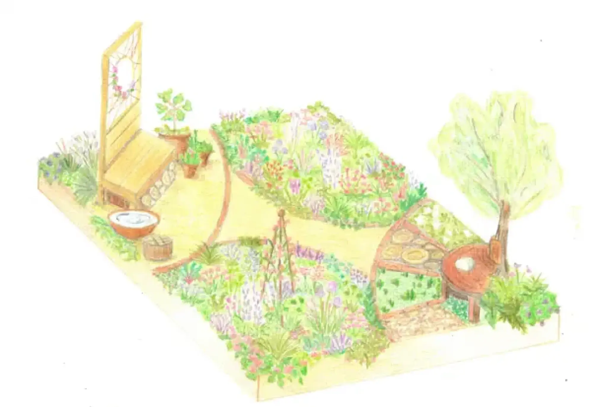 A beautiful border garden with a winding path through pastel flowers, featuring a wooden screen, stacked logs, a bird bath, and a circular bench.