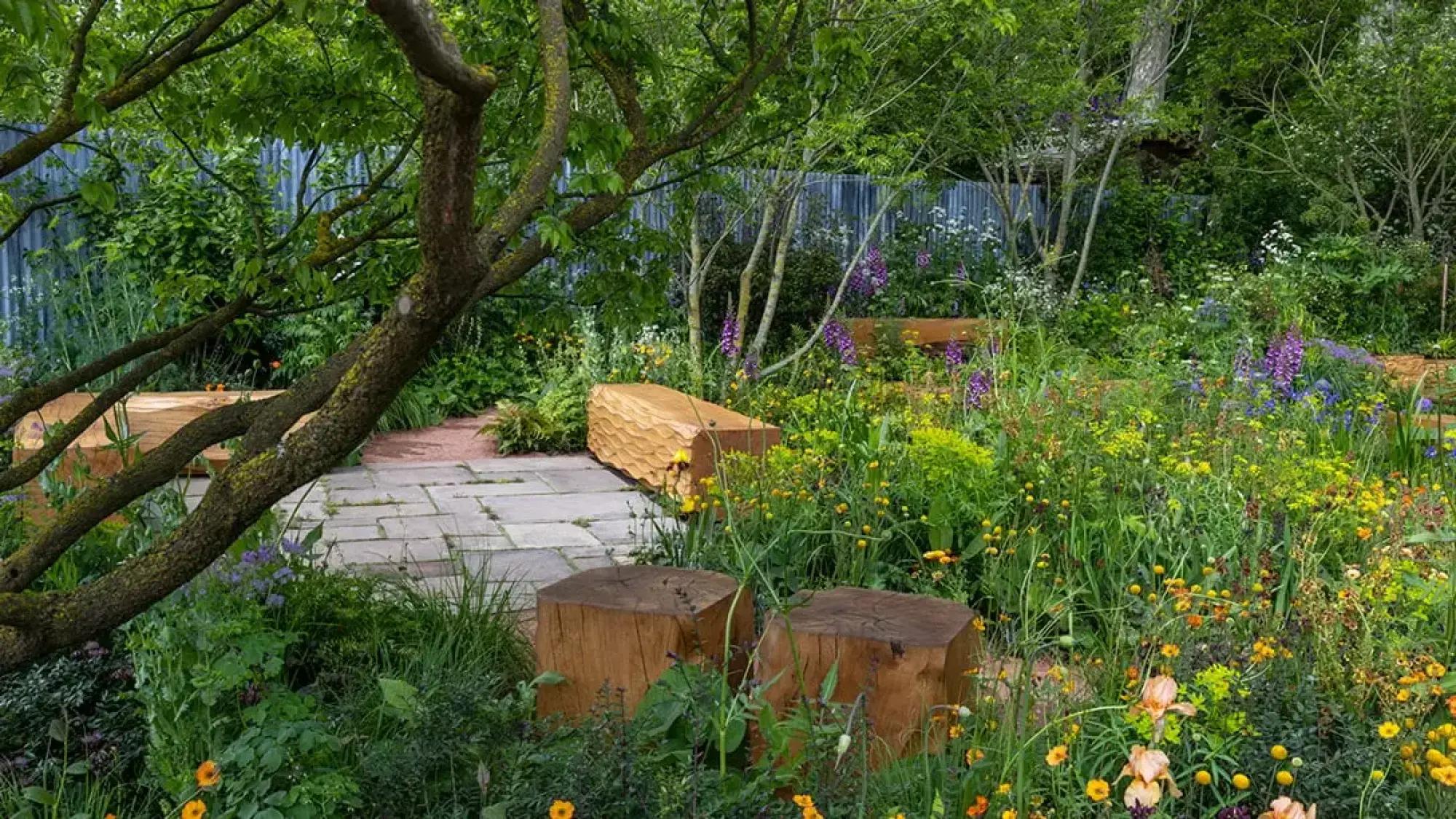 A naturalistic show garden features a carved timber bench and log seats, a paved path, and vibrant purple, yellow, and orange wildflowers under dappled shade.