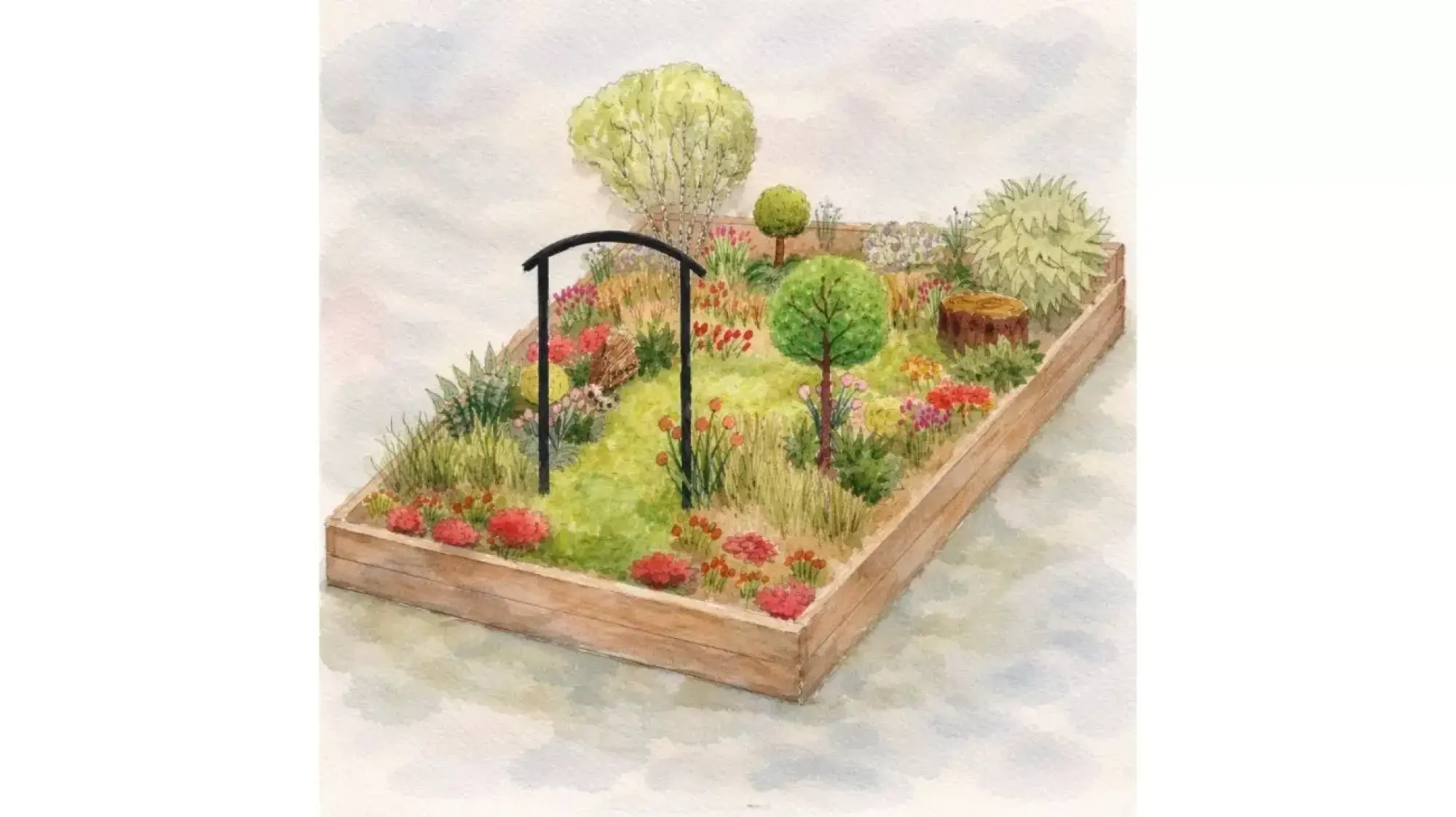 A whimsical raised border garden features a black archway, a grassy path, stylized trees, a tree stump, and vibrant red and pink flowers.