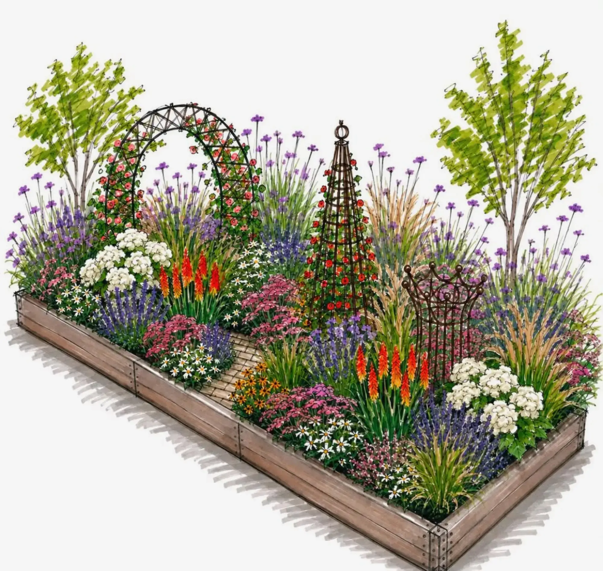 A vibrant border garden features a central brick path flanked by colourful flowers, a rose-covered wrought iron arch, an obelisk, and a crown structure, all within a timber-framed raised bed.