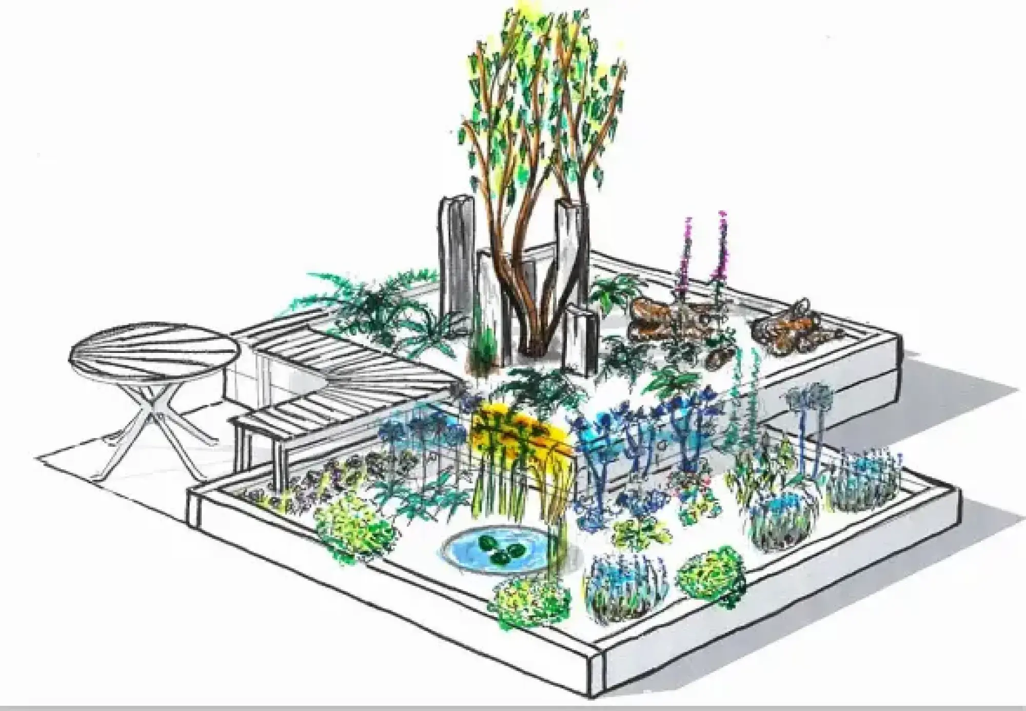 A modern garden design features a central tall tree framed by stone columns, surrounded by raised planting beds, a slatted timber bench, a small pond, and a round patio table.