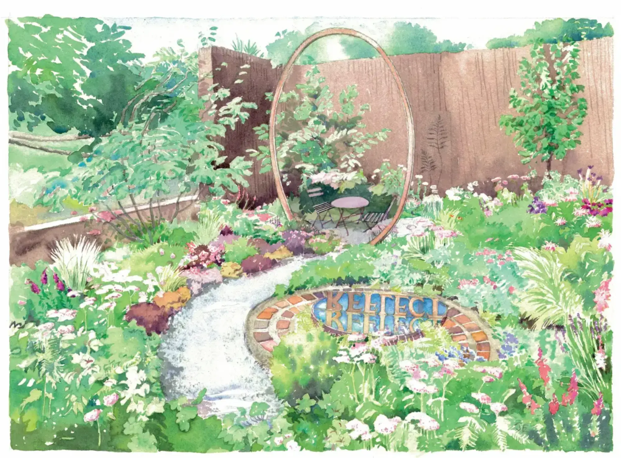 A tranquil informal garden features a winding light path, a circular reflective pool with 'REFLECT' text, and an oval mirror archway with a small bistro set.