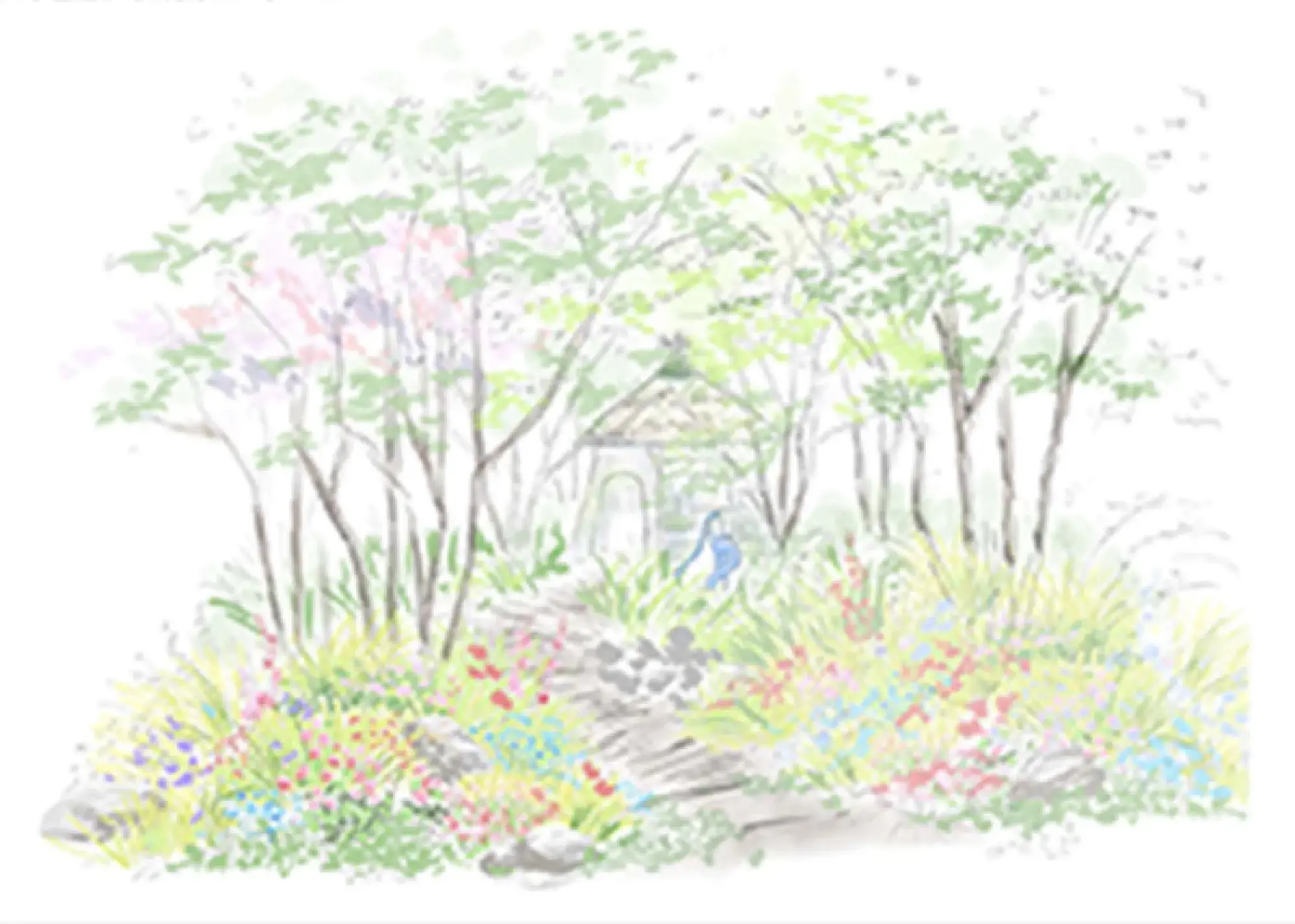 A tranquil show garden path leads to a stone shelter with a blue water pump, surrounded by woodland trees and colorful wildflowers.