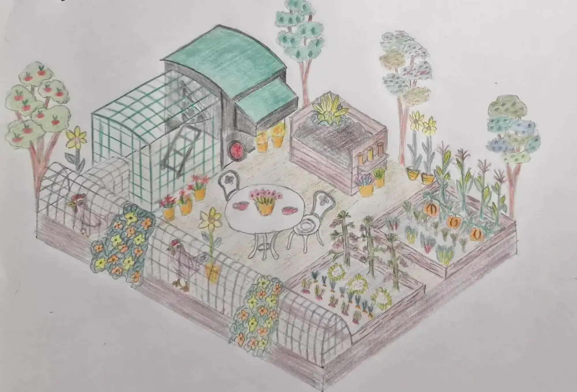 A rustic productive garden features a chicken run, greenhouse, raised vegetable beds, fruit trees, a potting shed, and a white dining set.