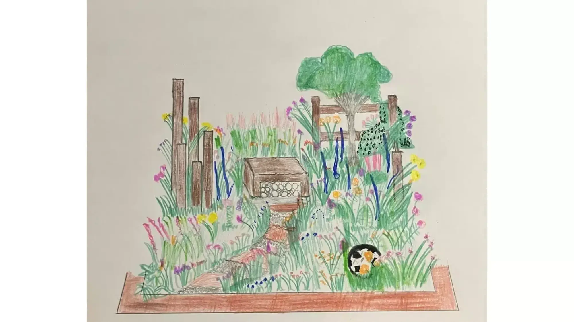 A naturalistic Beautiful Border garden features a wooden bug hotel, a brick path, and yellow, pink, blue flowers, with a hedgehog sculpture.