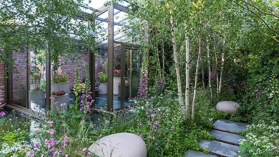 A modern glasshouse with a bronze frame stands next to a reflective dark pool, surrounded by lush naturalistic planting including silver birch trees, purple foxgloves, and large grey sculptural stones.