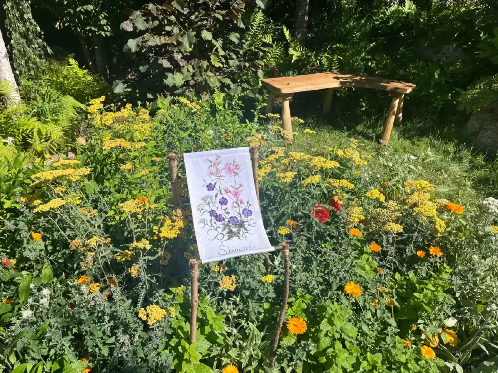 A naturalistic garden with a wooden bench and a botanical 'Skincare' banner, surrounded by ferns and colourful yellow, orange, and red flowers.