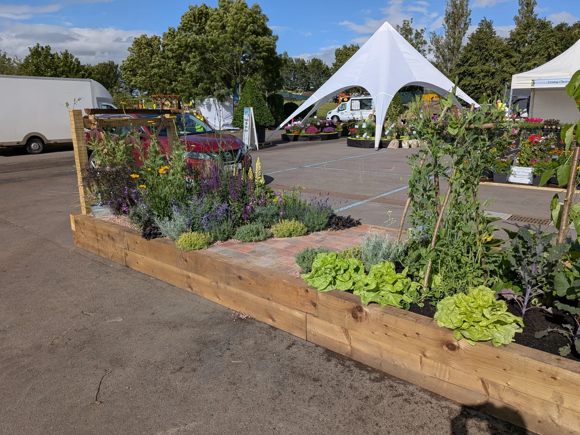 A long raised timber border contains a mix of edible plants like lettuce and climbing peas, alongside ornamental lavender and yellow flowers, with a central brick pathway.