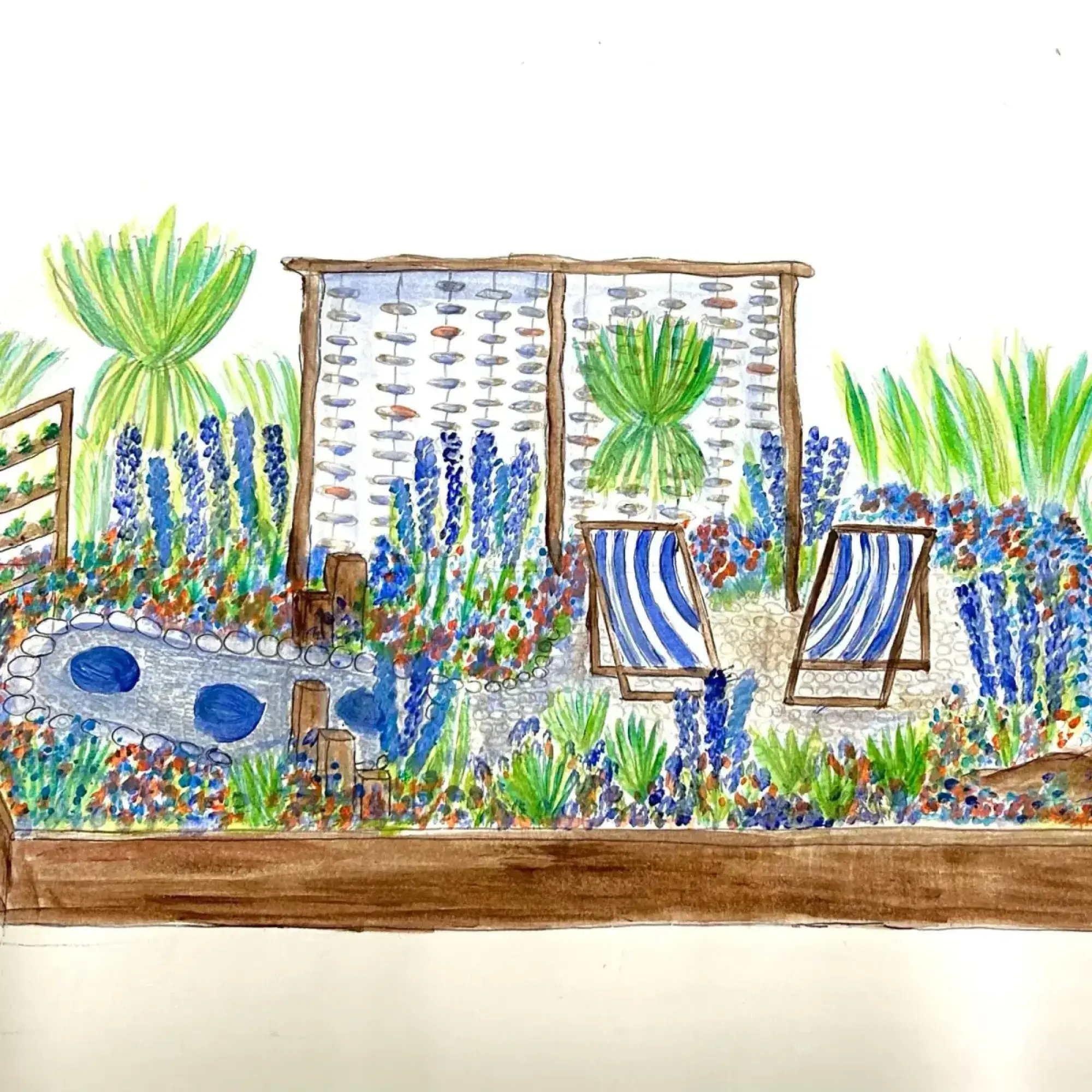 A tranquil garden border features a pebble-edged pond, a screen of hanging stones, two blue and white striped deckchairs, and lush blue and green planting.