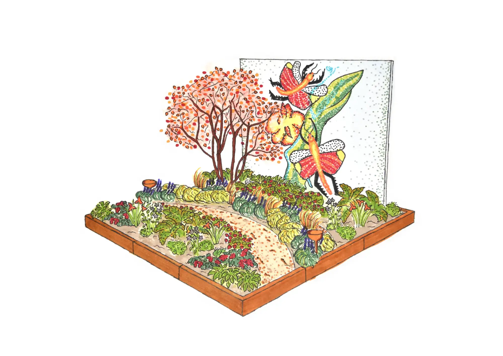 A beautiful border garden with a winding path through edible plants, a red-leafed tree, and a white screen featuring large, vibrant butterflies.