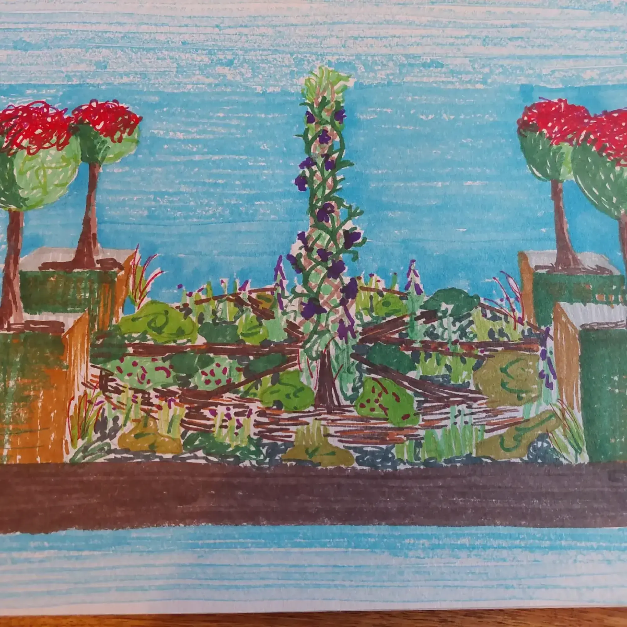 A Beautiful Border garden has a central purple-flowered climber, a woven wattle fence, diverse green planting, and two red-blooming topiary trees.