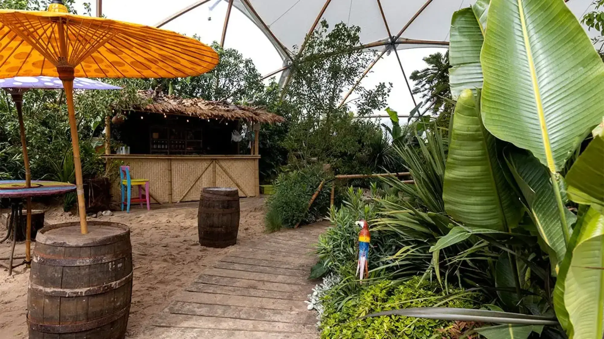 A vibrant, exotic show garden features a thatch-roofed bamboo bar, sandy floor, wooden barrels, and lush tropical plants under a large orange parasol.