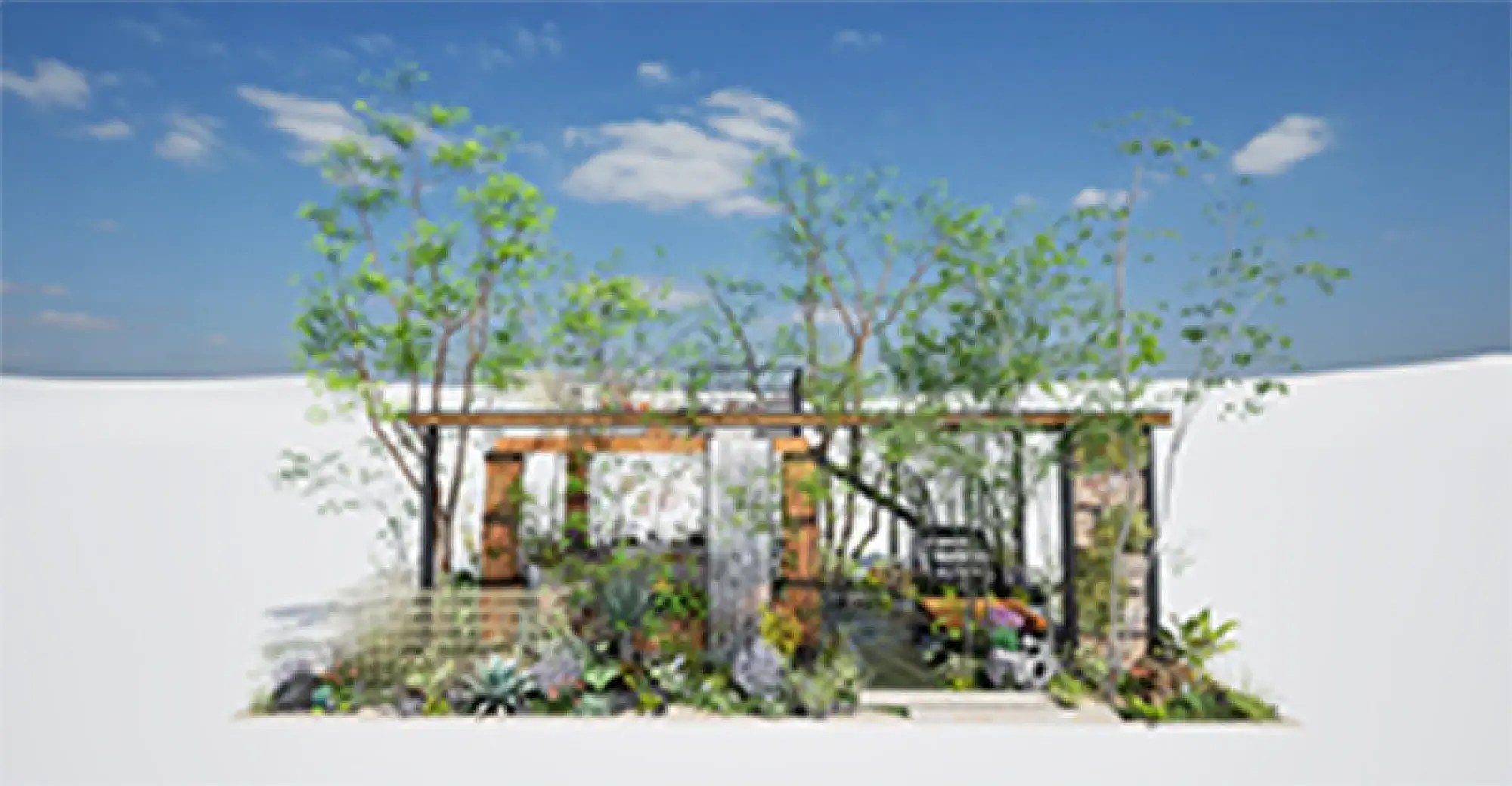 A contemporary show garden featuring a wooden pergola, a vertical waterfall, and lush naturalistic planting with mixed trees and succulents surrounding a paved path.