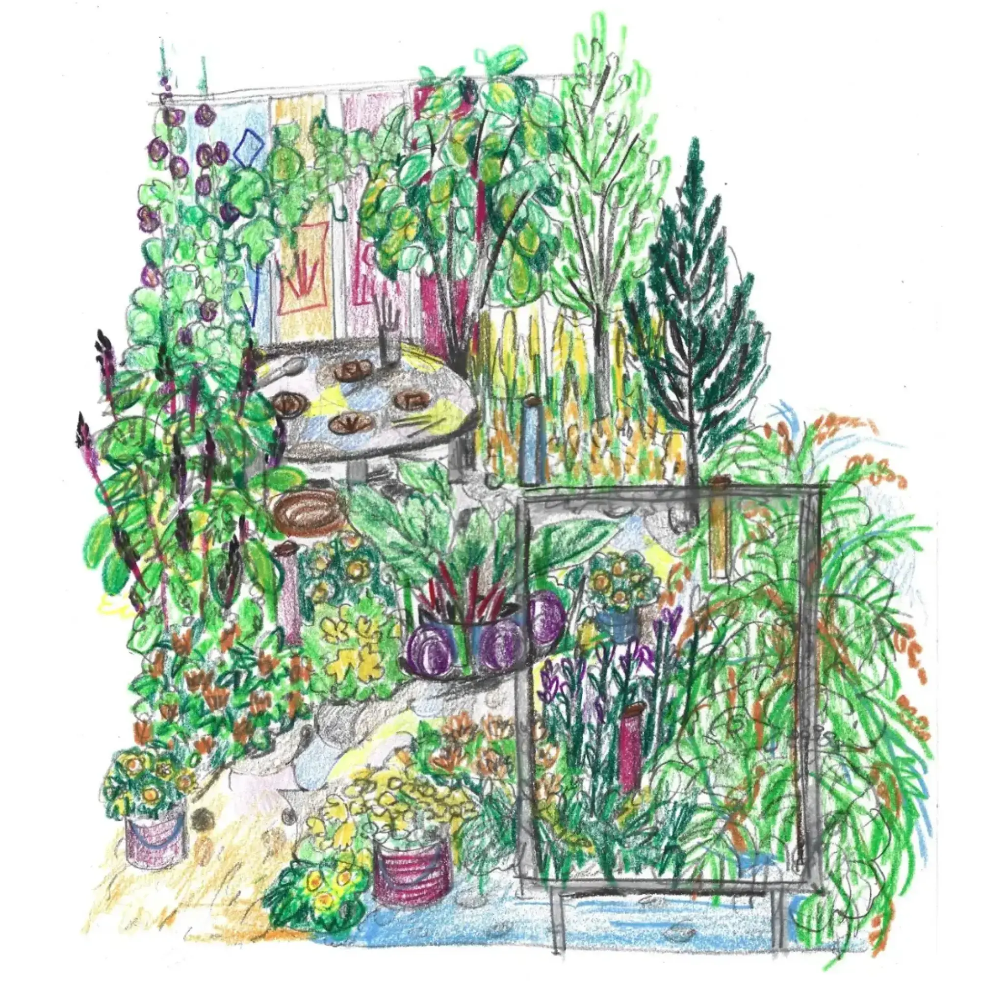 A densely planted, colorful border garden features a round table, a vertical framed pond, and an array of green, purple, yellow, and red-stemmed plants against a multi-colored wall.