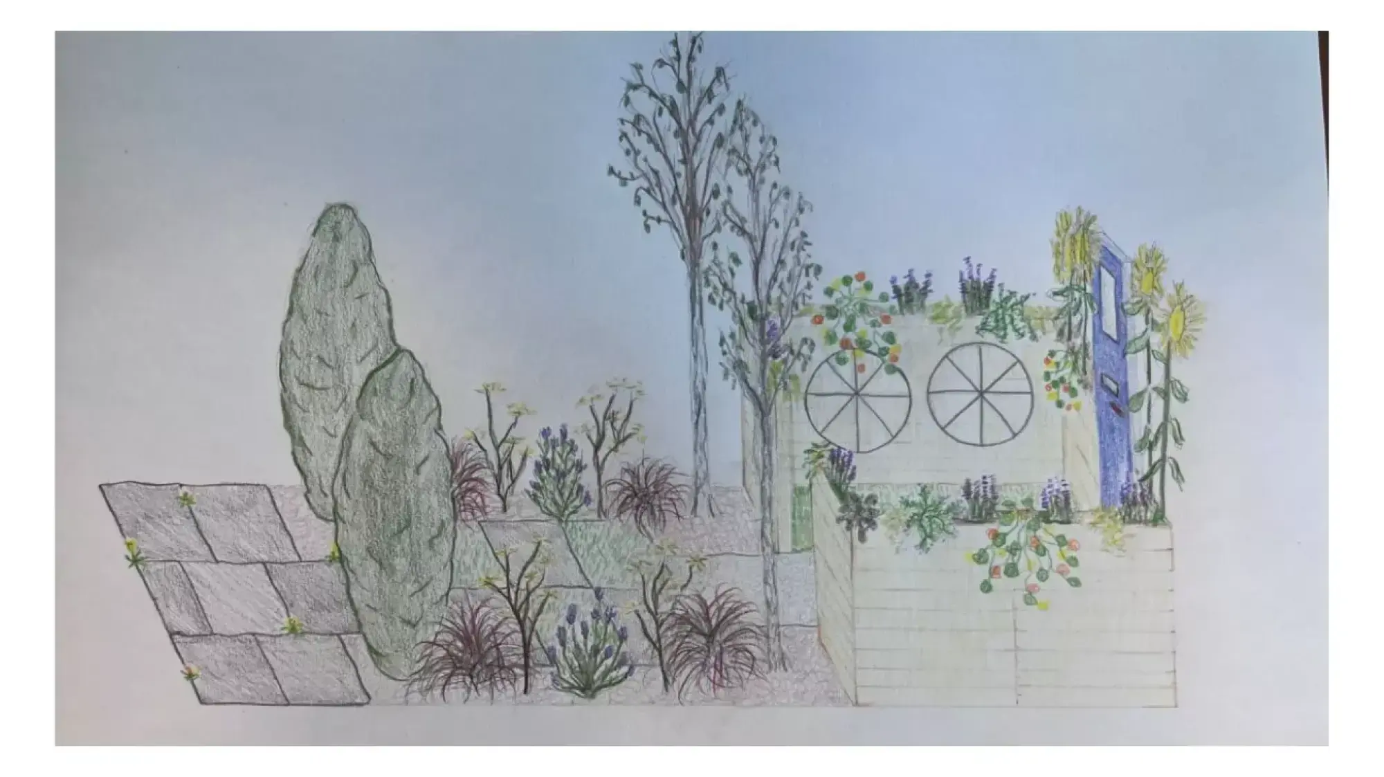 A whimsical garden border features a bright blue door set in a low wall with circular cutouts, surrounded by sunflowers, lavender, and a variety of trees and grasses, with a paved path on the left.