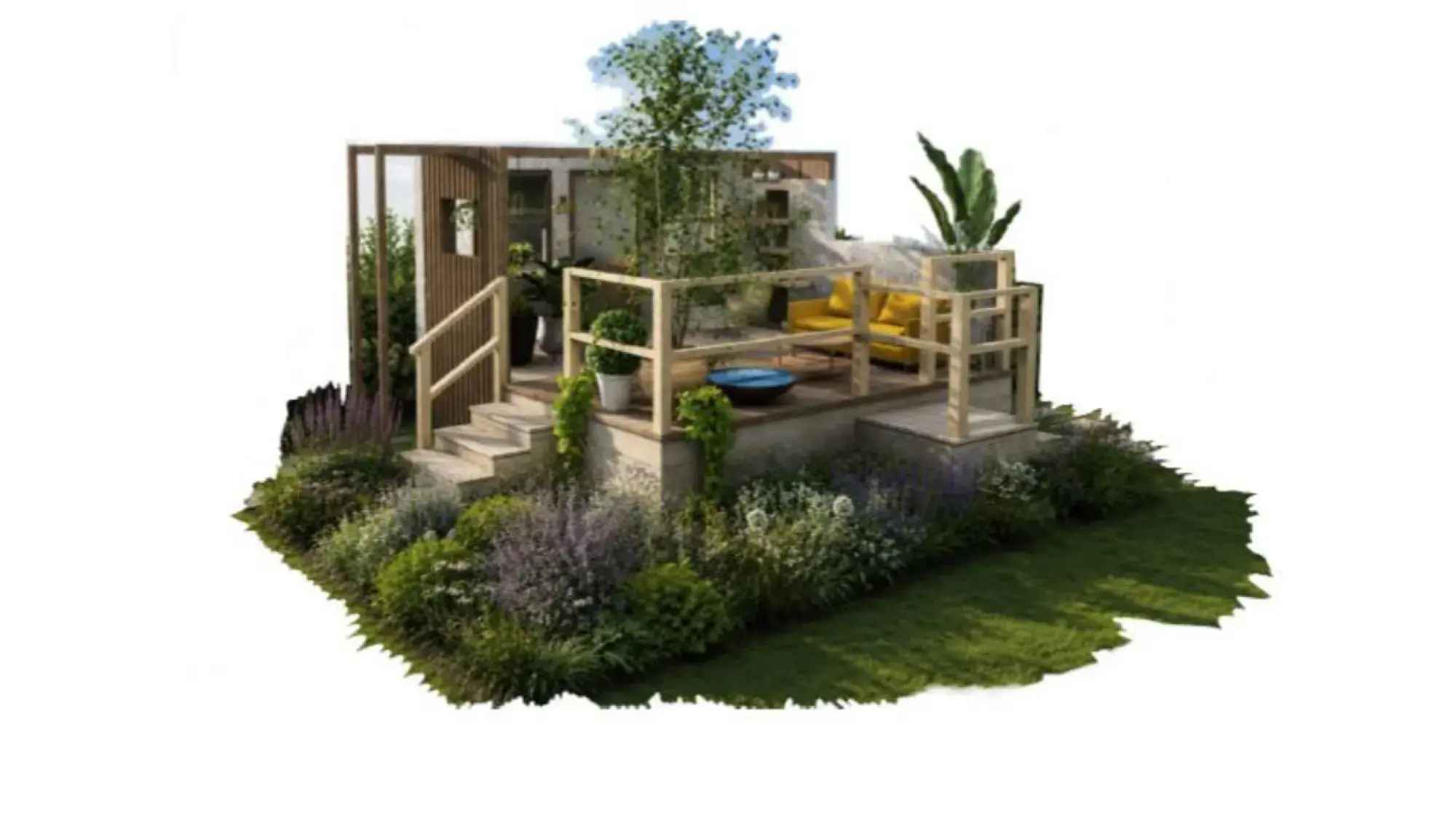 A contemporary elevated showcase garden features a light wood deck with yellow seating, concrete steps, and a slatted timber screen, surrounded by lush perennial borders.
