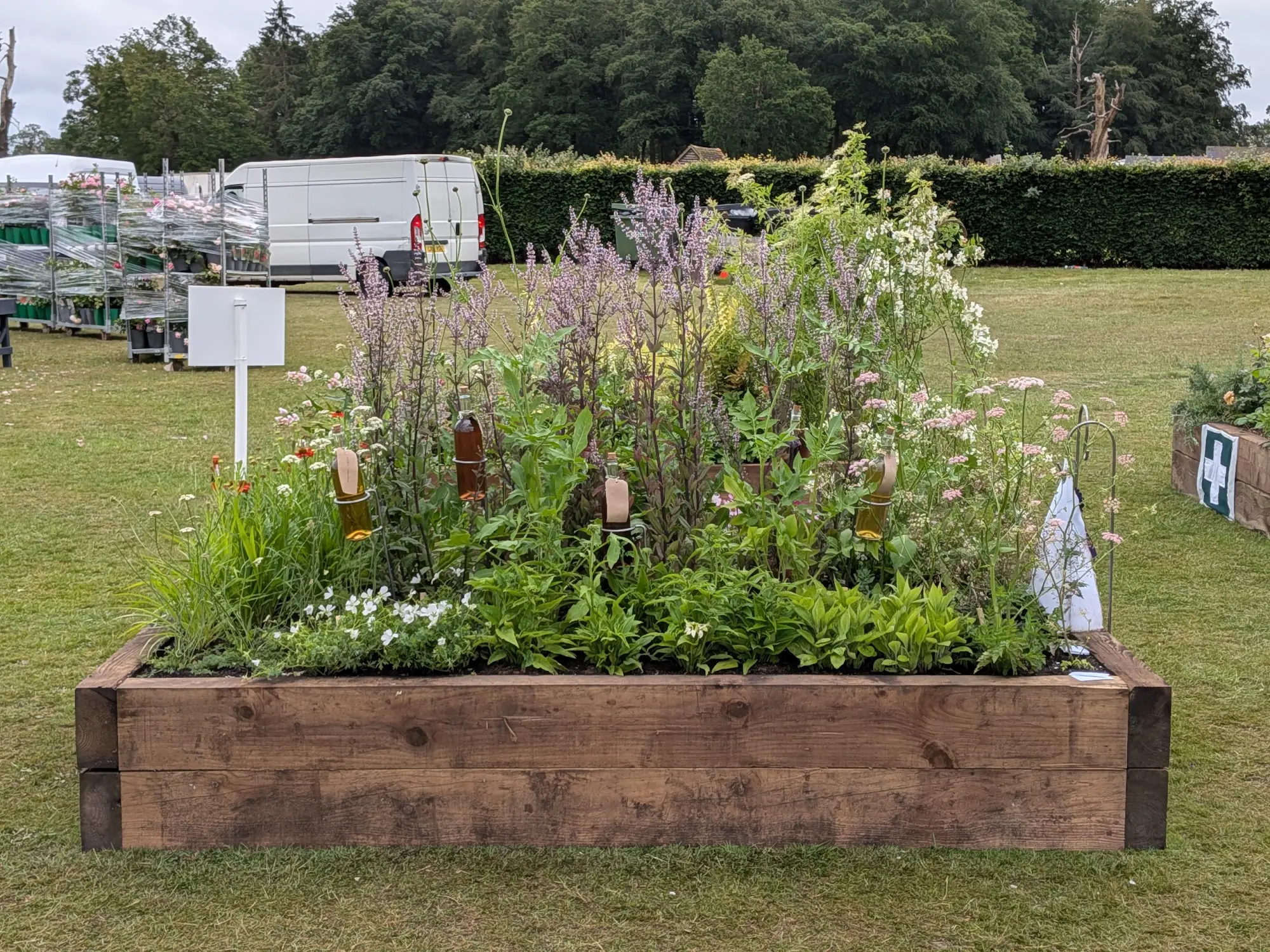 A wooden raised bed filled with a variety of green, purple, white, and pink herbaceous plants, with glass bottles suspended among them.