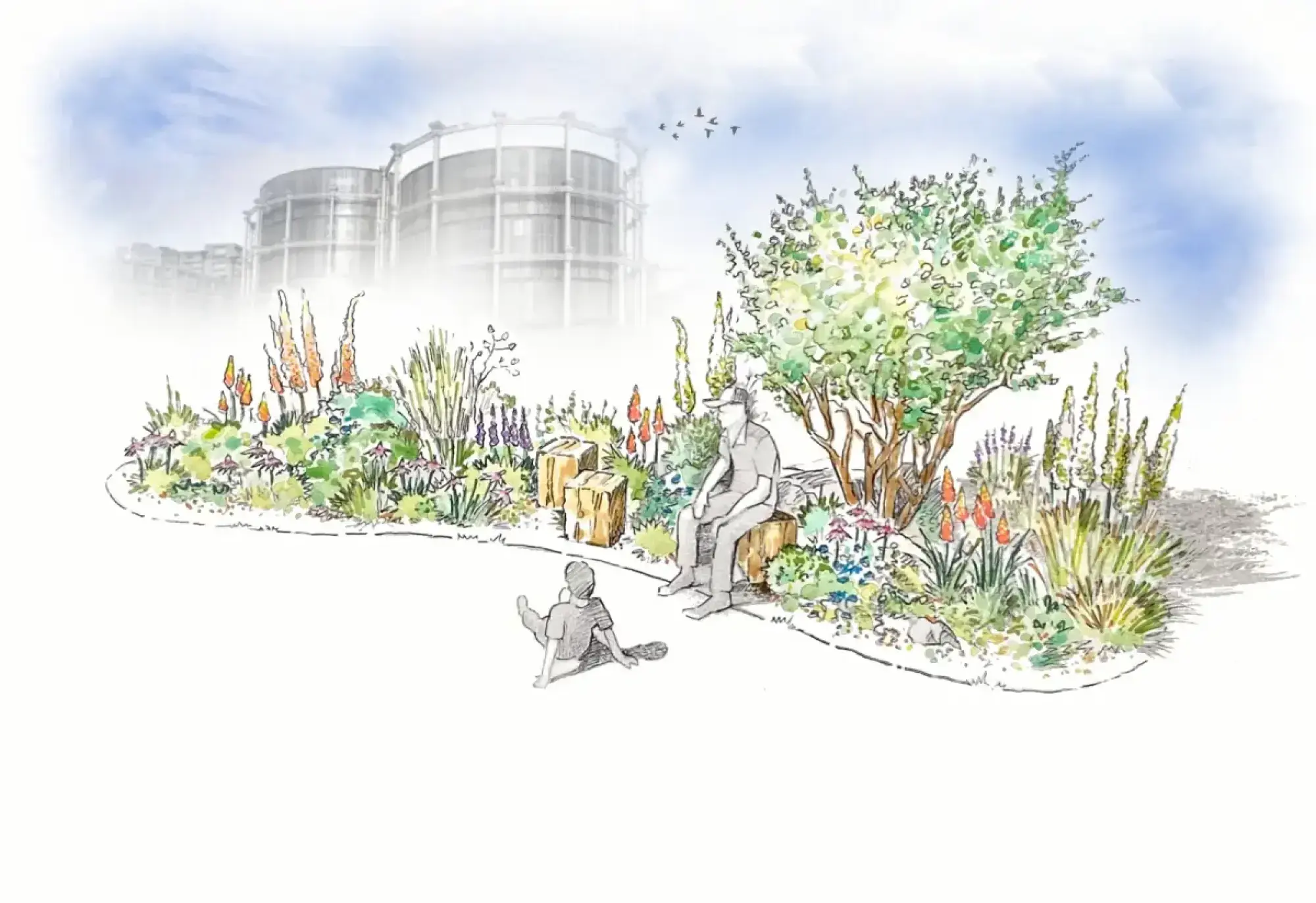 An informal pocket garden with vibrant red hot pokers, ornamental grasses, and diverse perennials, featuring a small multi-stemmed tree and wooden log seating.