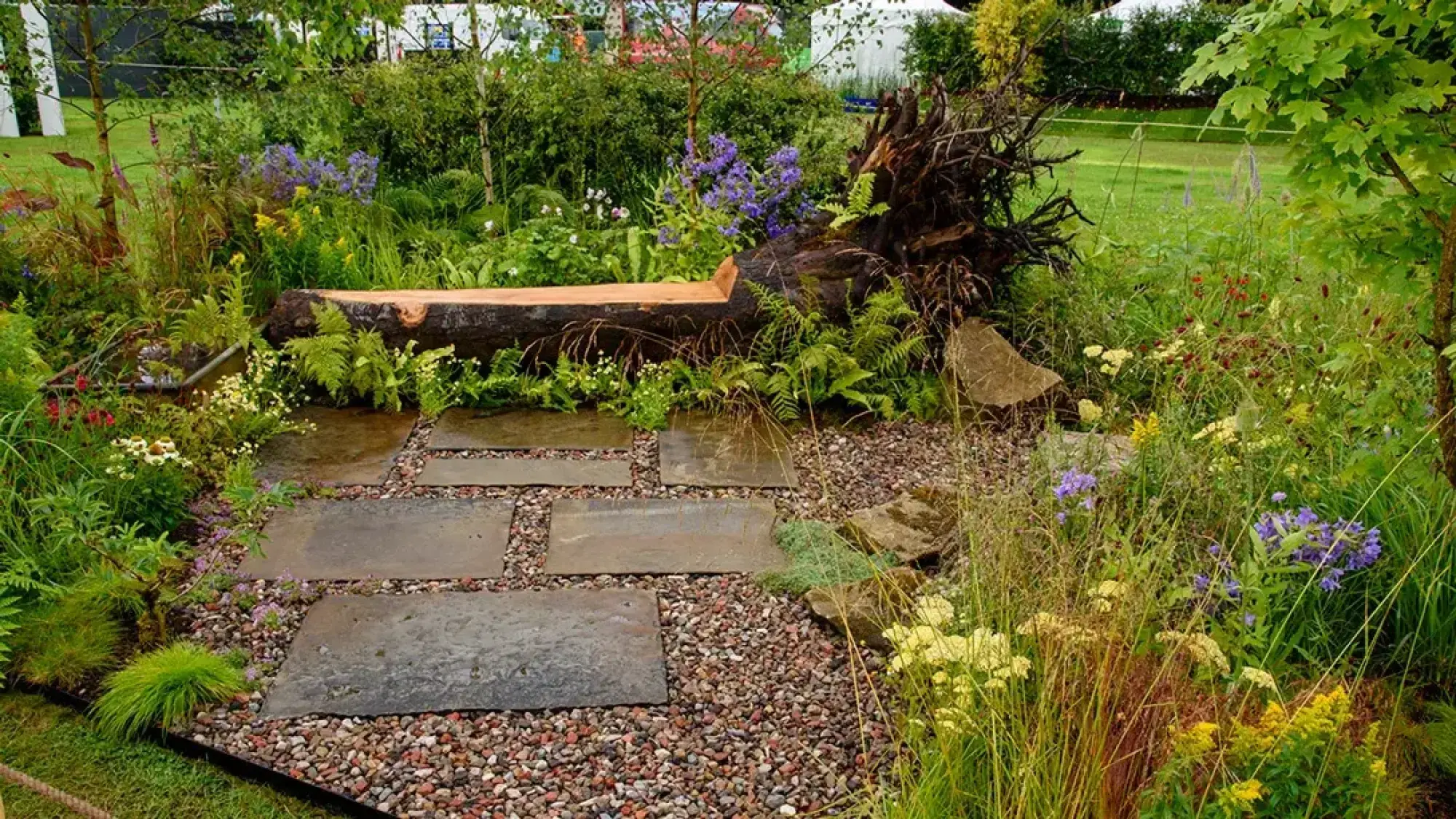 A naturalistic garden with a tree trunk bench, a gnarled stump, and a path of flagstones and gravel, surrounded by dense ferns, grasses, and wildflowers.