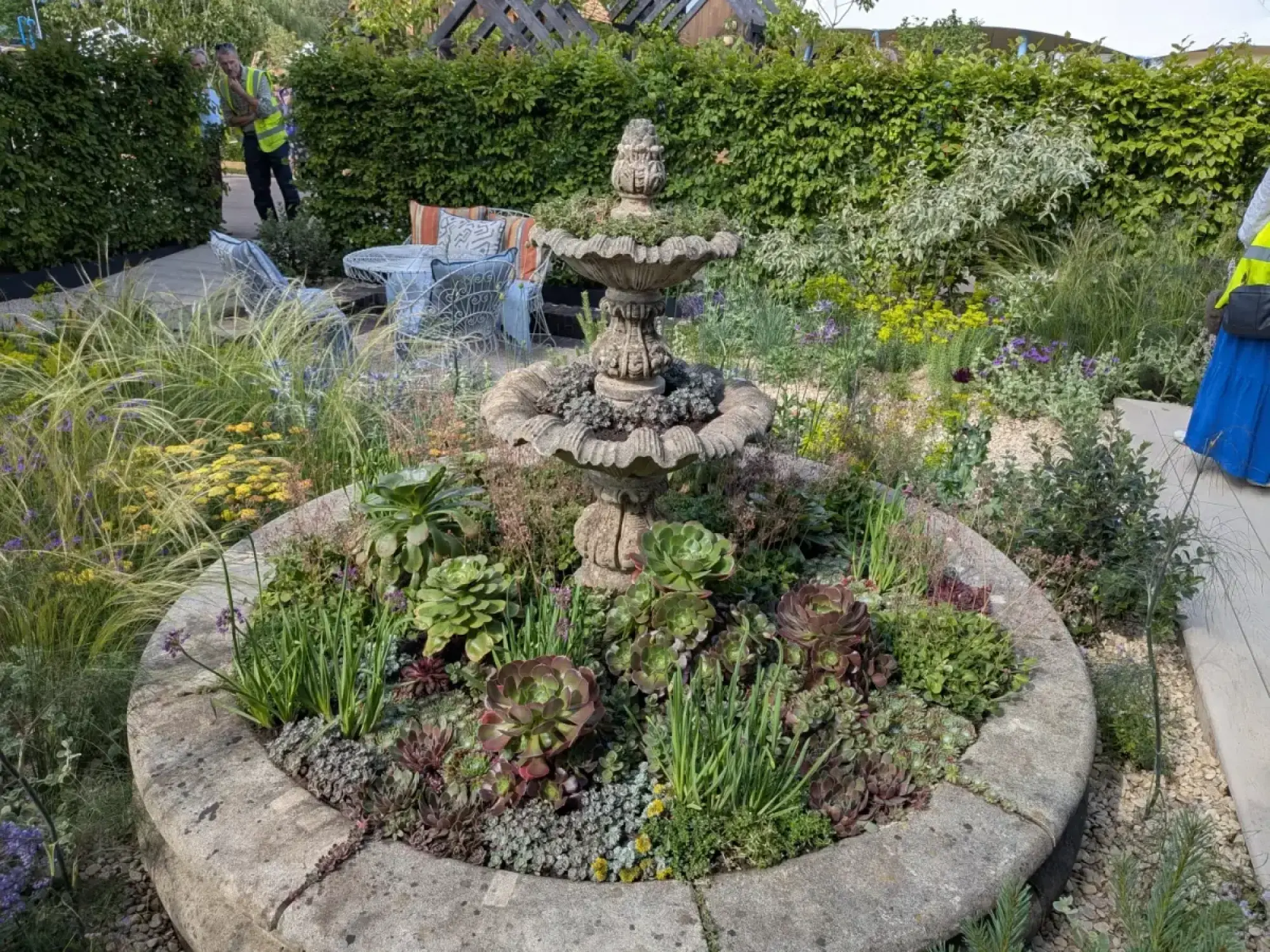 A contemporary garden featuring an ornate stone fountain within a circular succulent planter, surrounded by gravel paths and a patio with stone seating.