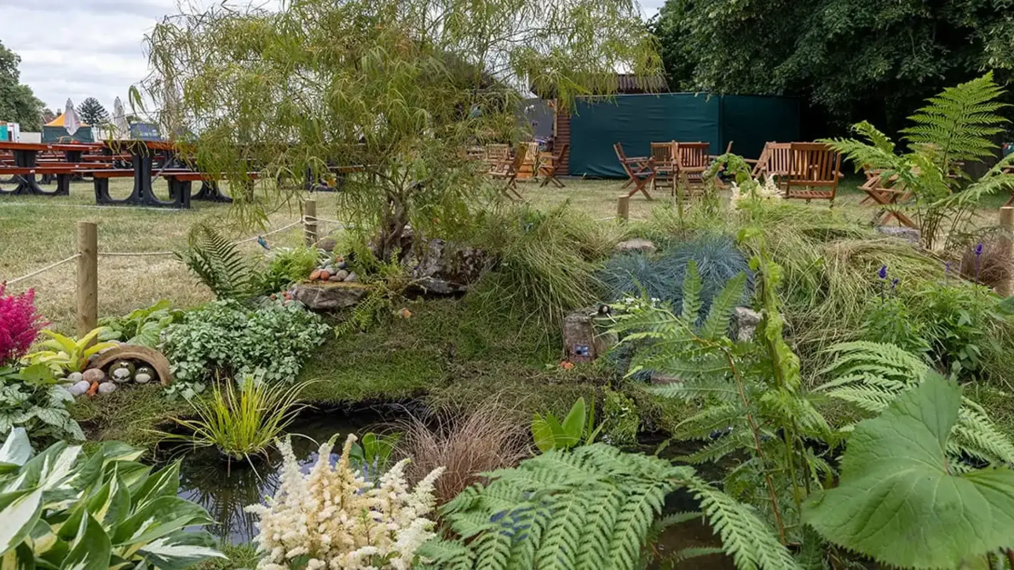 A tranquil naturalistic garden with a reflective water pool, lush ferns, hostas, and grasses around a weeping tree, featuring ceramic toadstools and pebbles.