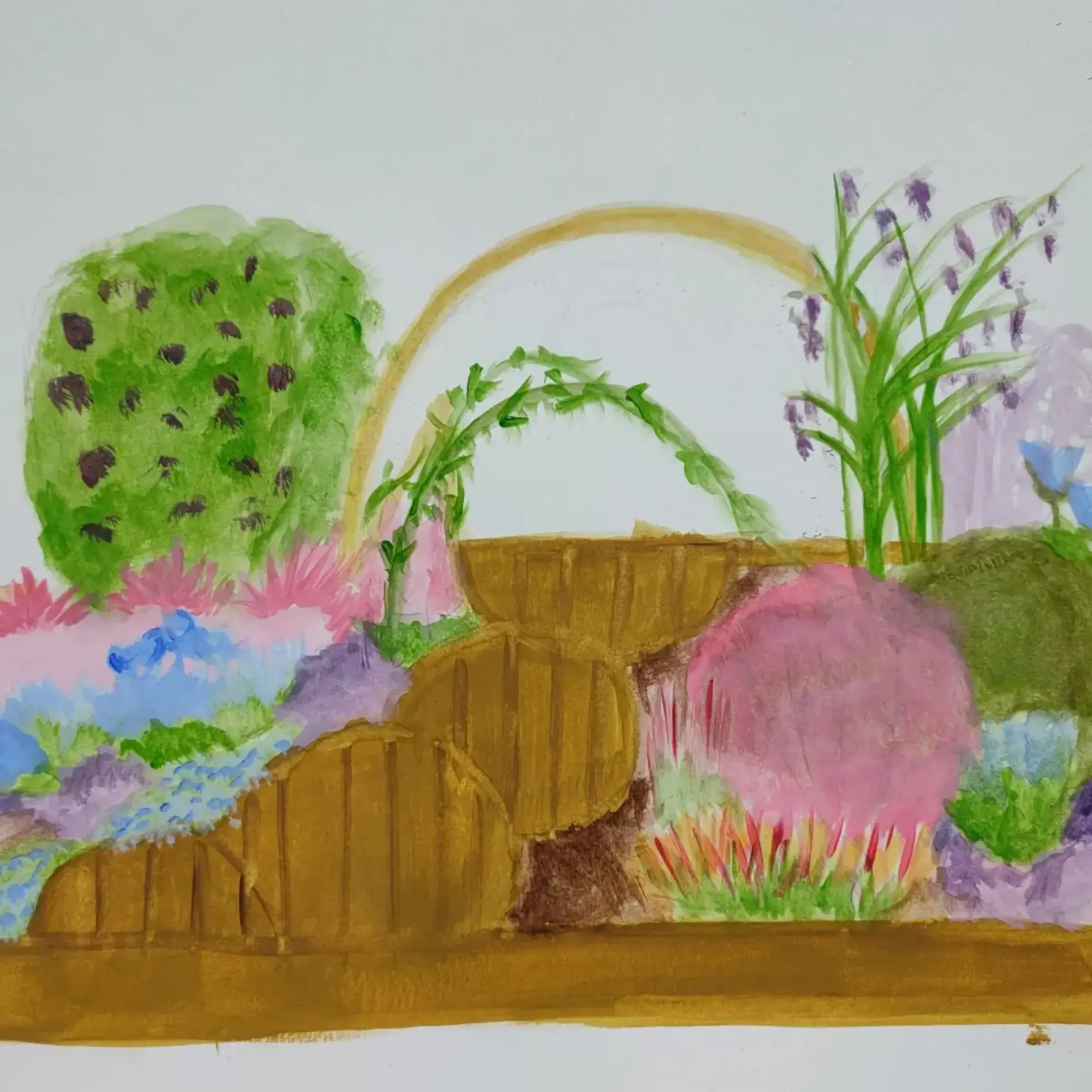 A vibrant garden border features tiered golden wooden planters, a golden arch with green vines, a small fruit tree, and a mix of pink, blue, and purple flowering plants.