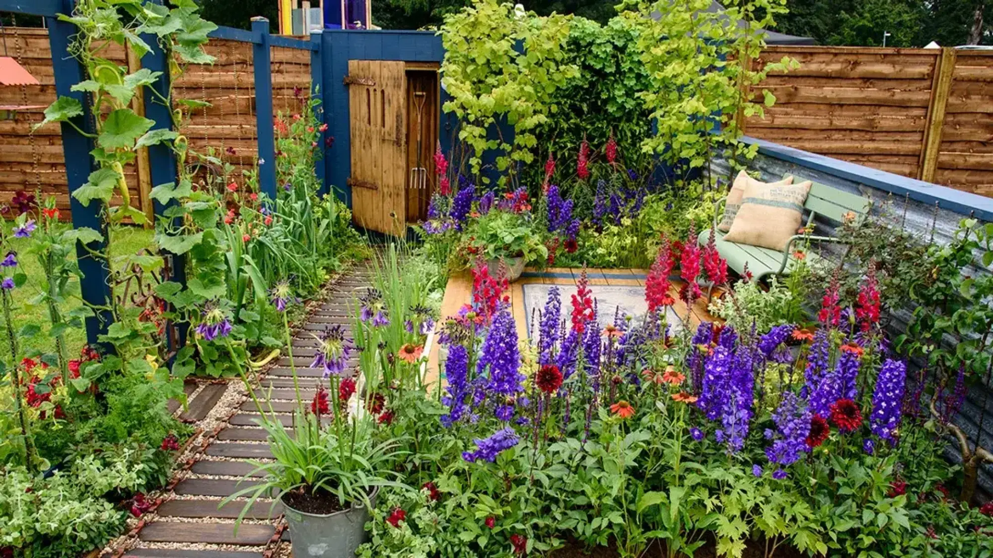 A vibrant terrace garden features a wooden deck with a rug, a blue timber shed, a green metal bench, and a gravel path, all surrounded by profuse purple, red, and orange flowering perennials.