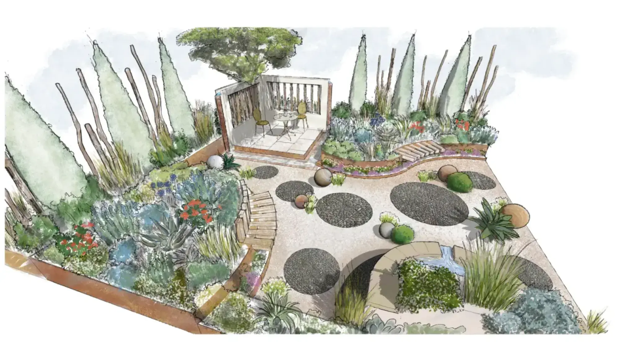 A contemporary Mediterranean garden with a white pergola seating area, circular stone paving, a waterfall feature, tall cypress trees, and vibrant mixed planting.
