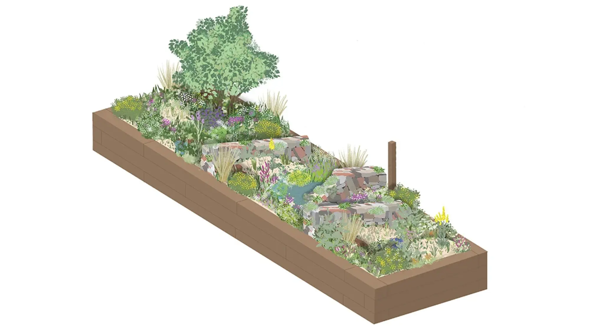 A long, raised wooden garden bed featuring multi-level terracing constructed from broken bricks, planted with a variety of green foliage, purple, yellow, and pink flowers, grasses, and a small tree, with a small blue rill winding through.