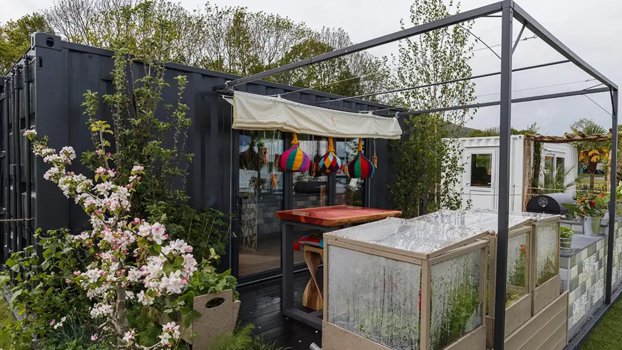 A contemporary urban green living space has a black shipping container home, a dark deck with a pergola, cold frames, and a blossoming apple tree.