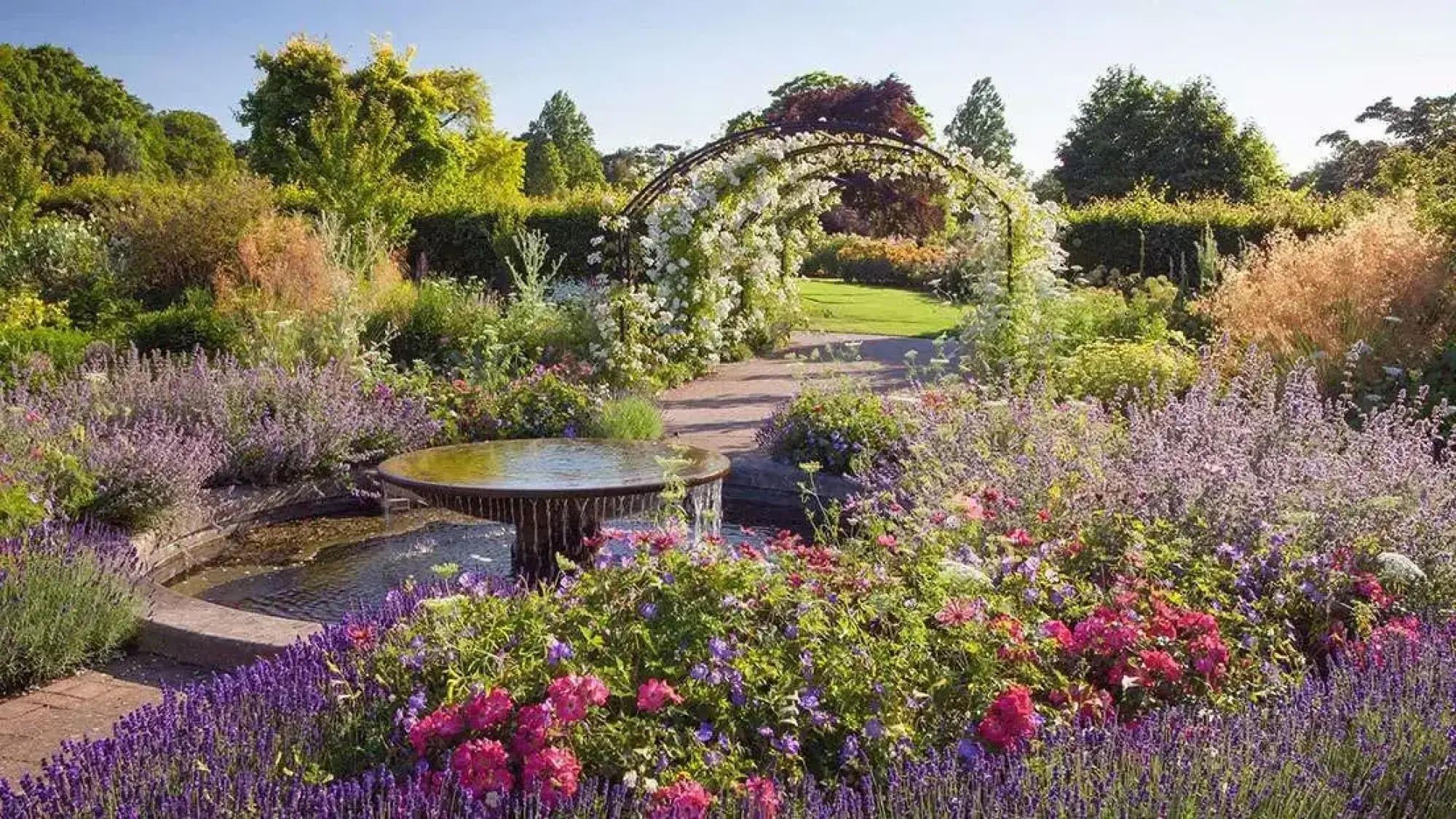 A garden with a circular disc fountain, a white rose archway, and borders of purple lavender and mixed pink flowers.