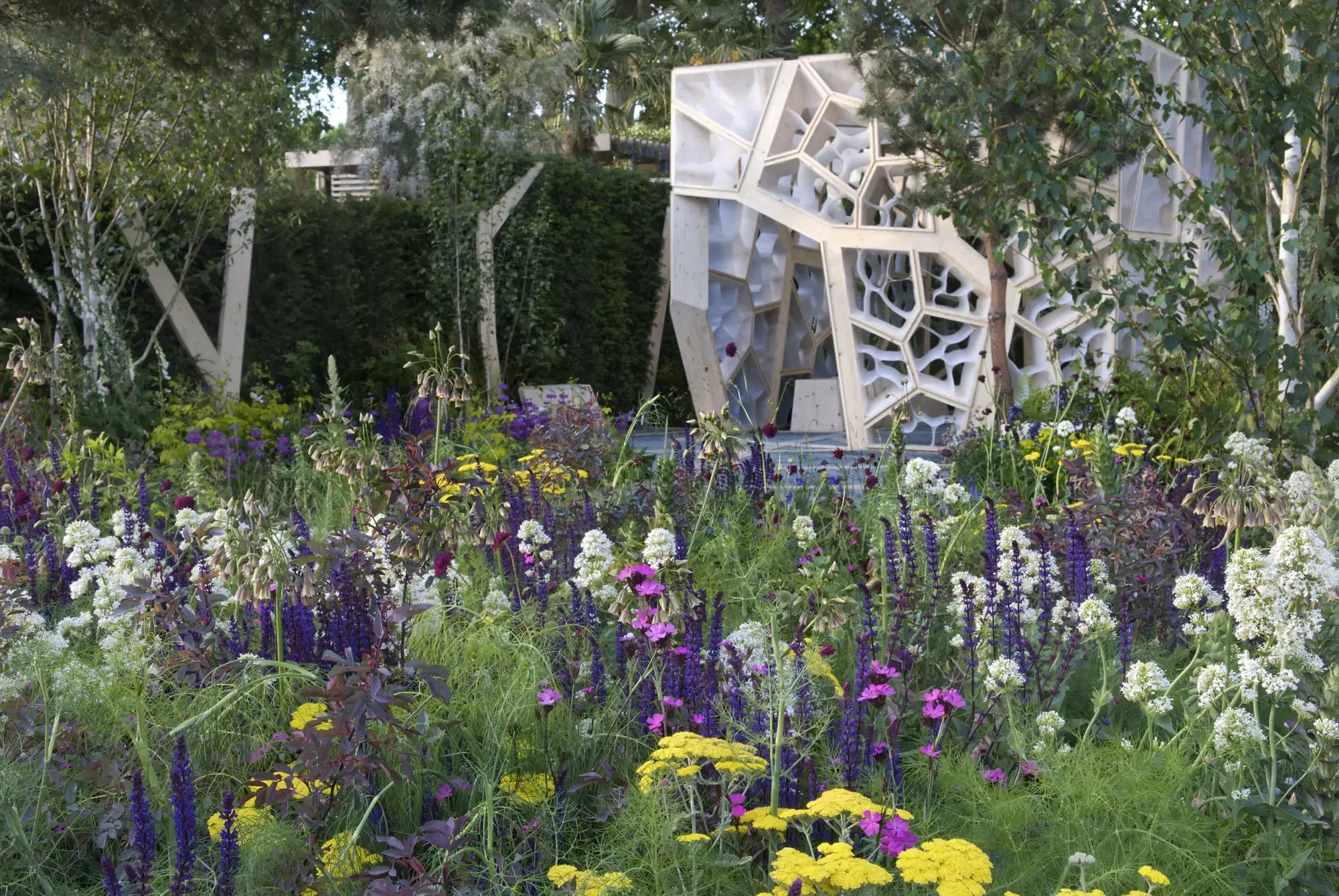 A geometric honeycomb pavilion of light wood is fronted by a vibrant, naturalistic border of purple, yellow, white, and pink flowers with birch trees.
