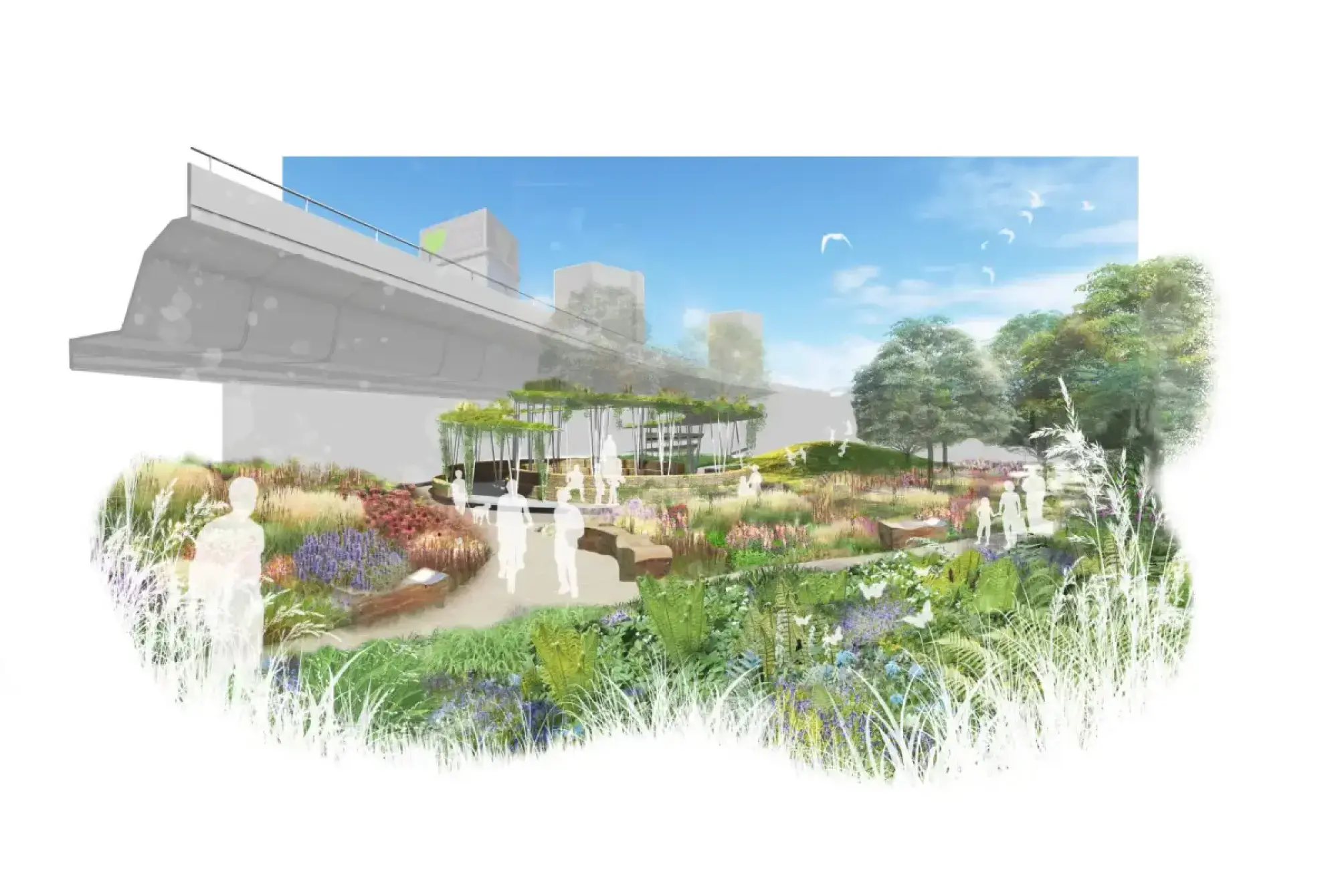 A naturalistic urban park featuring a circular plant-covered pergola, winding paths, timber benches, and mounded landscapes with vibrant herbaceous borders.