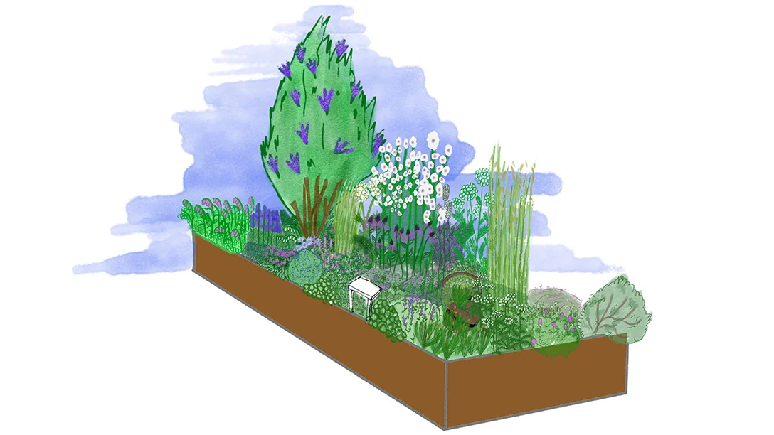 A long border garden in a brown raised bed featuring a tall purple-flowering tree, white and purple perennials, ornamental grasses, and a small white bench.