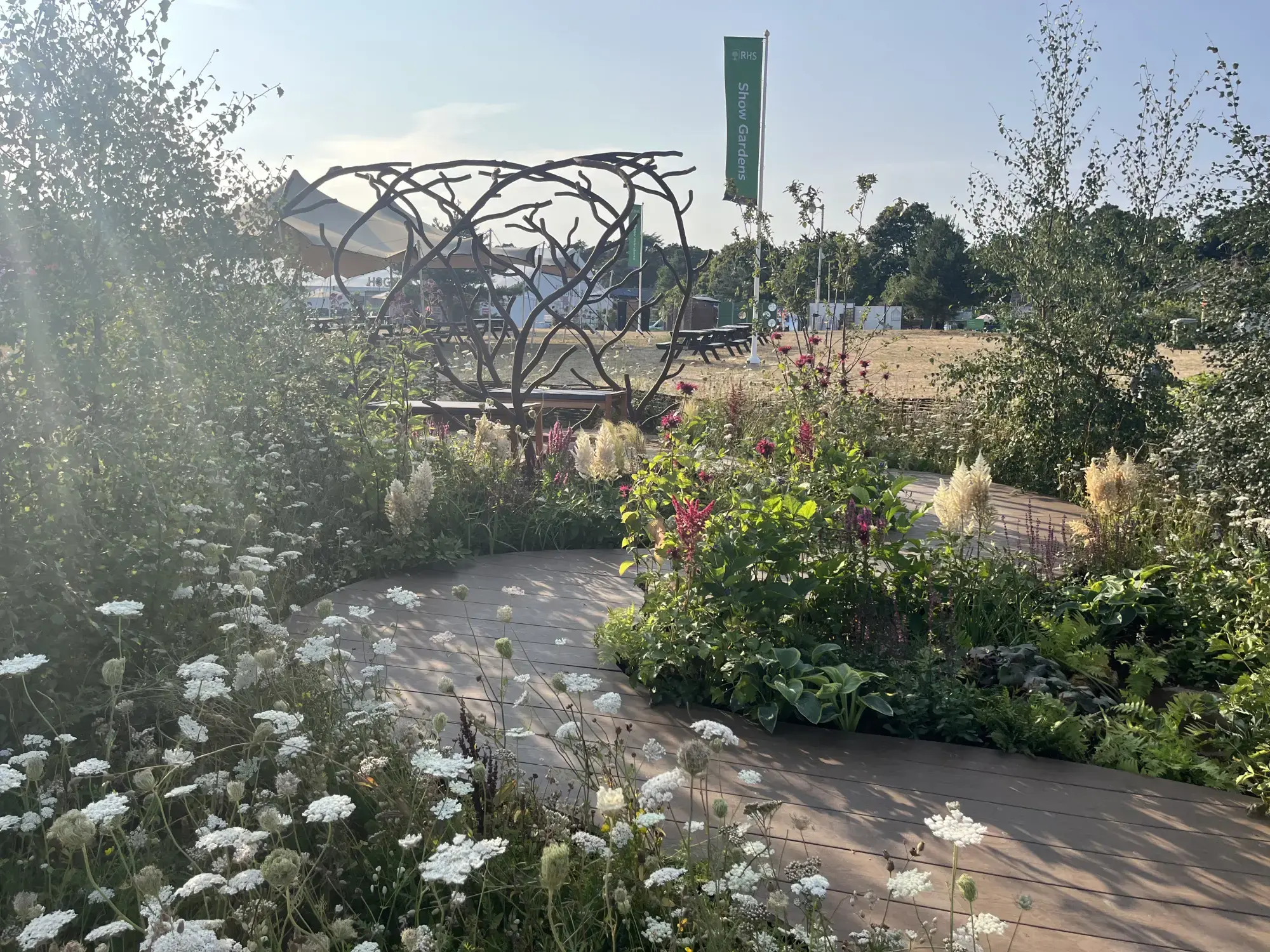 A Grow Forward Garden features a winding timber boardwalk through lush meadow planting, leading to a circular dark metal sculpture with seating.