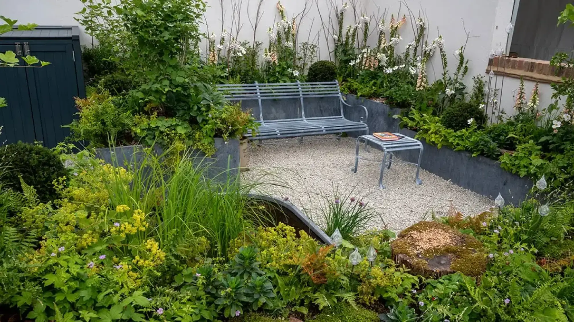 A renter's wildlife garden with a grey metal bench on a gravel patio, a small pond, and lush raised beds of ferns and foxgloves.