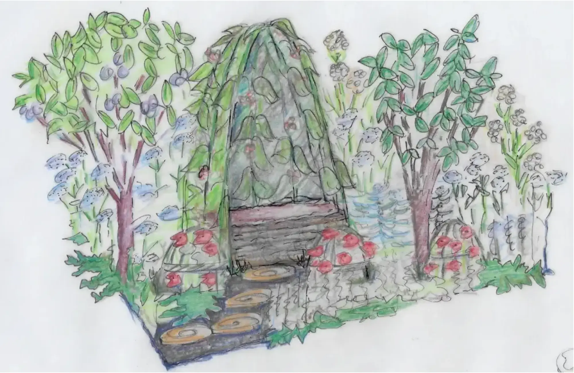 A lush, naturalistic garden border features a leafy arbour with a bench, circular wooden stepping stones across a pond, and a variety of flowering and fruiting plants.
