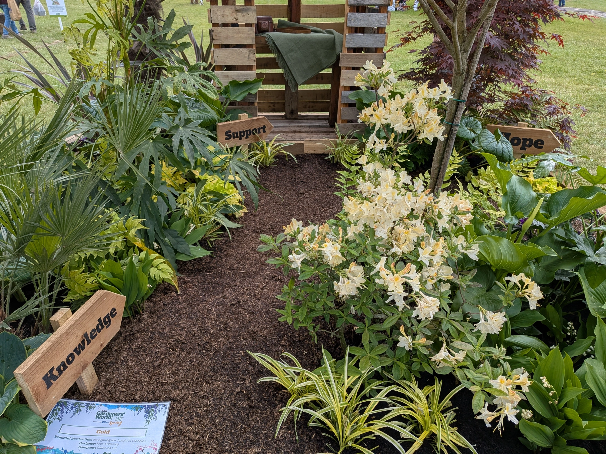A lush, informal garden border with a central wood chip path leading to a pallet wood shelter, flanked by green and variegated foliage plants, cream azaleas, and wooden signs.