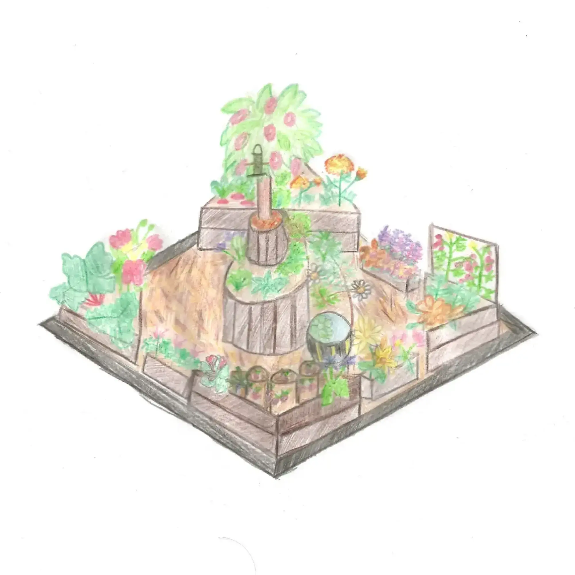 A vibrant, productive urban border garden with tiered wooden planters, a central pump, and various edible plants and colourful flowers.
