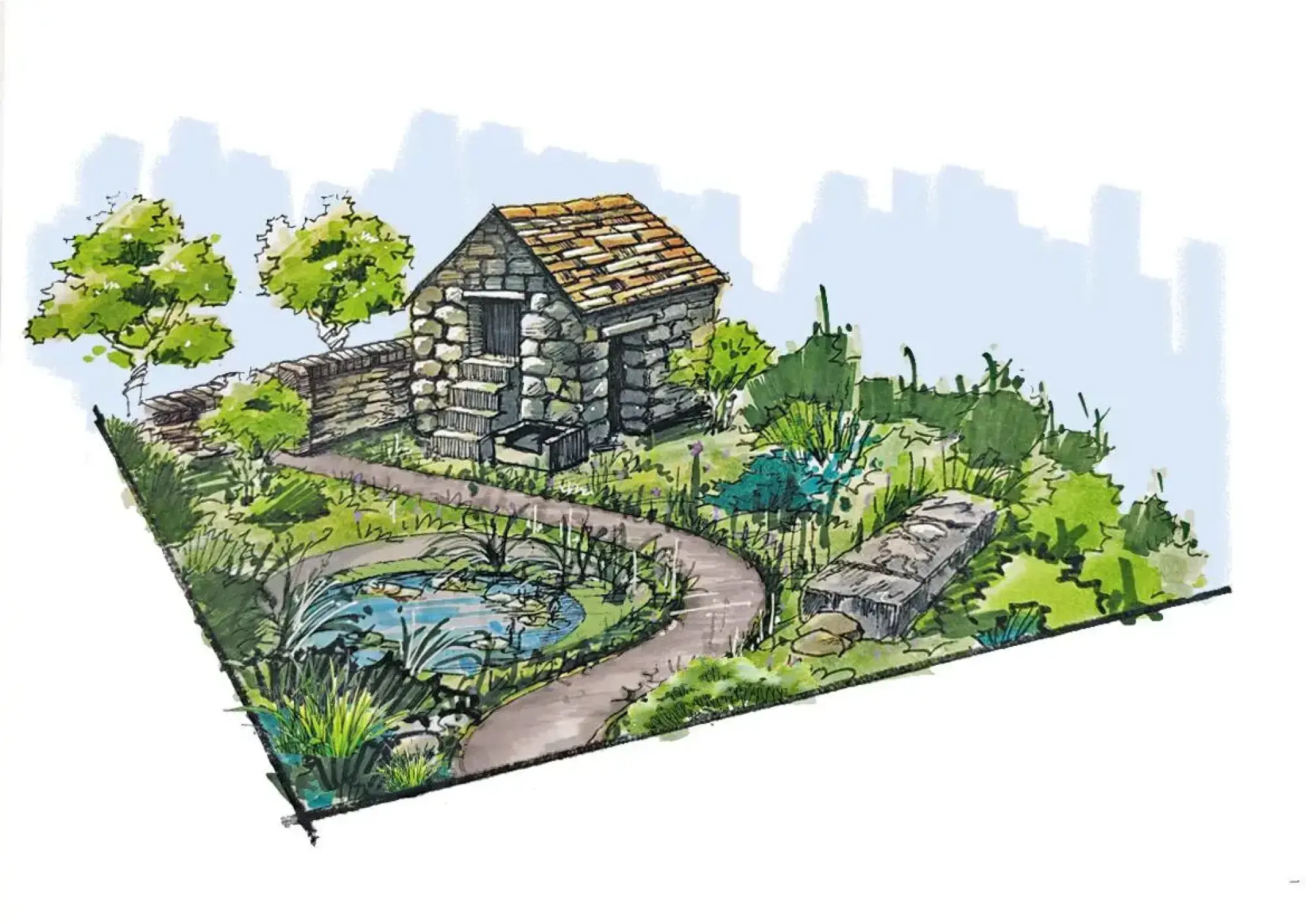A rustic show garden features a stone field barn, a dry stone wall, a winding path, a pond, and diverse green planting.