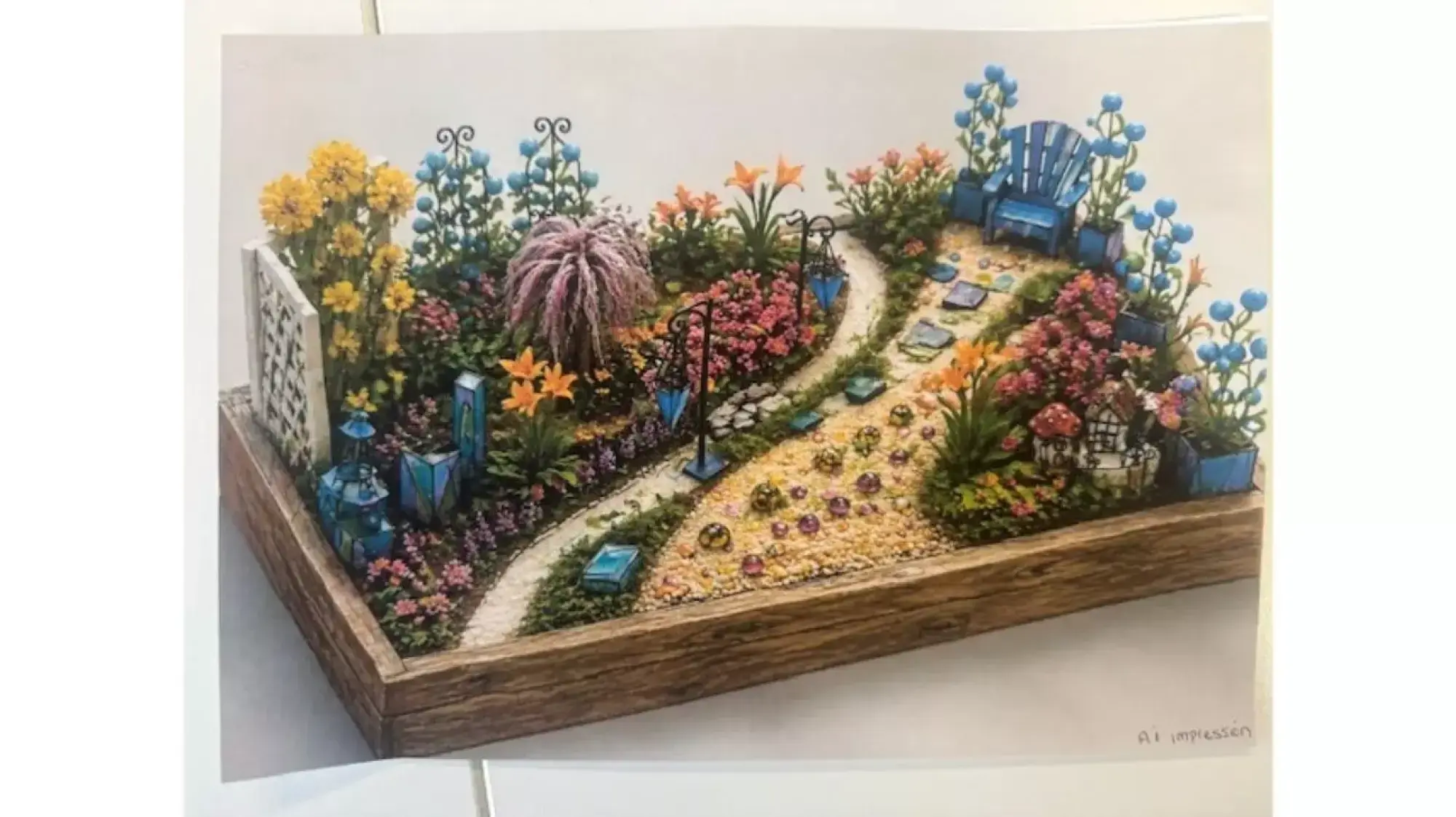 A whimsical miniature garden features a blue Adirondack chair, a mushroom house, ornate lamps, and a winding path through pink, orange, yellow, and blue blooms.